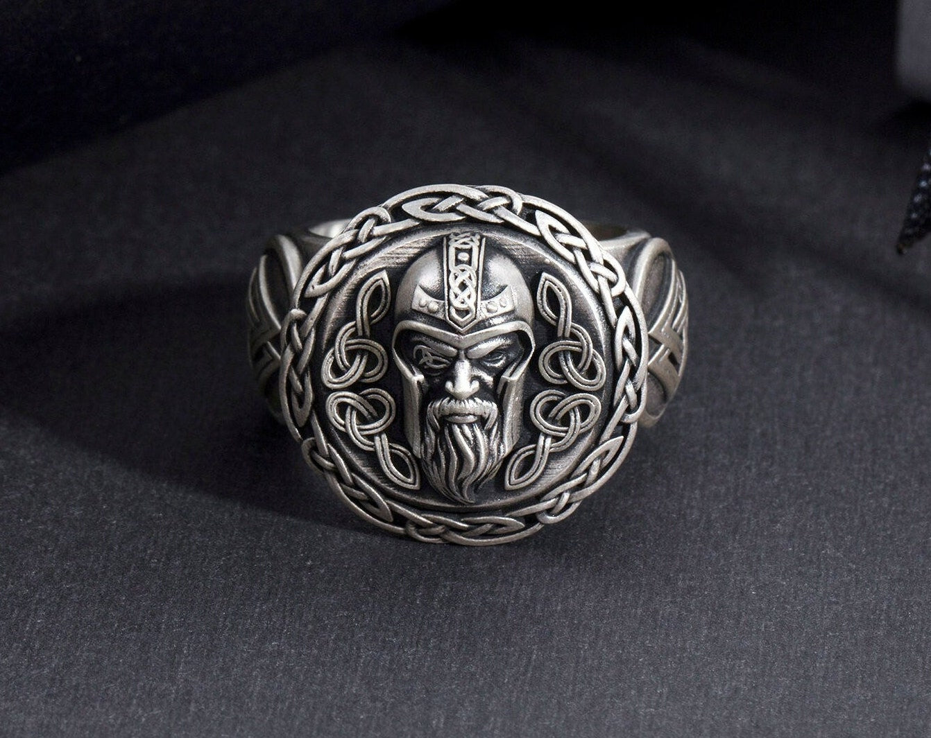 Viking Odin Ring - Sterling Viking Wolf with Runes Ring, Mens Wide Norse Wedding Ring, Braided Odin
