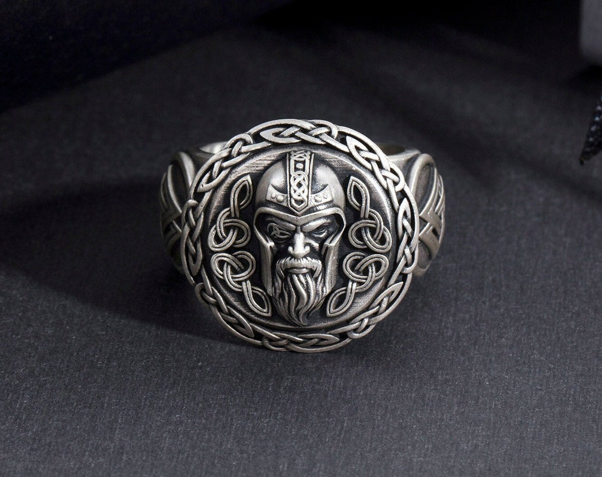Viking Rune Ring - Viking's Rune Protection Ring, Sterling Silver Dragon of Sword Multi Symbolic