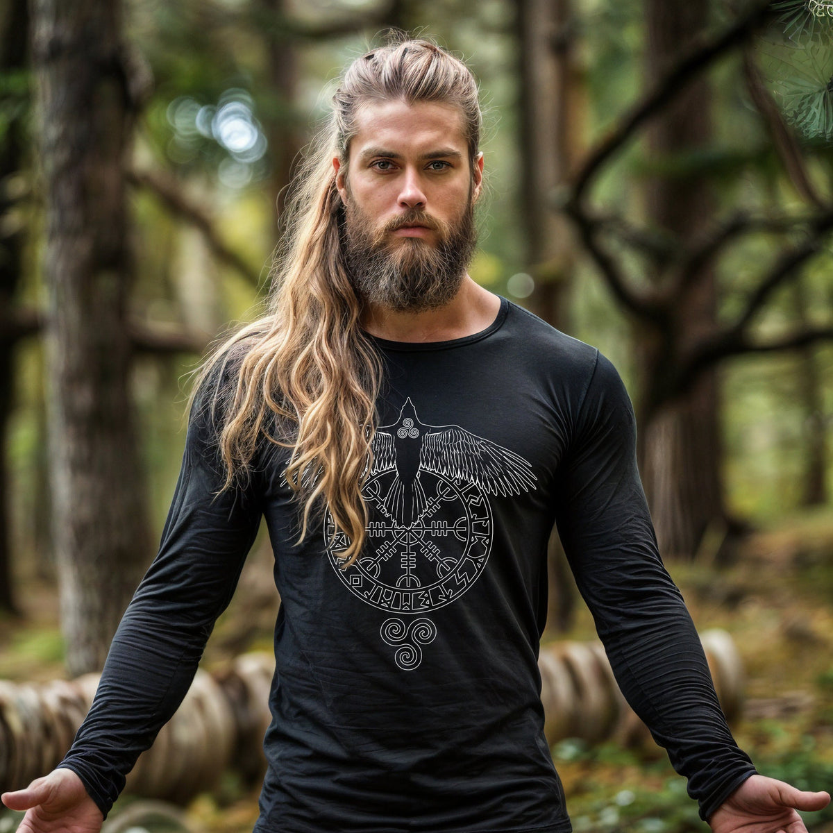 Viking Raven Hoodie - Norse Warrior Raven Hoodie, Black White Viking Style Graphic Pullover