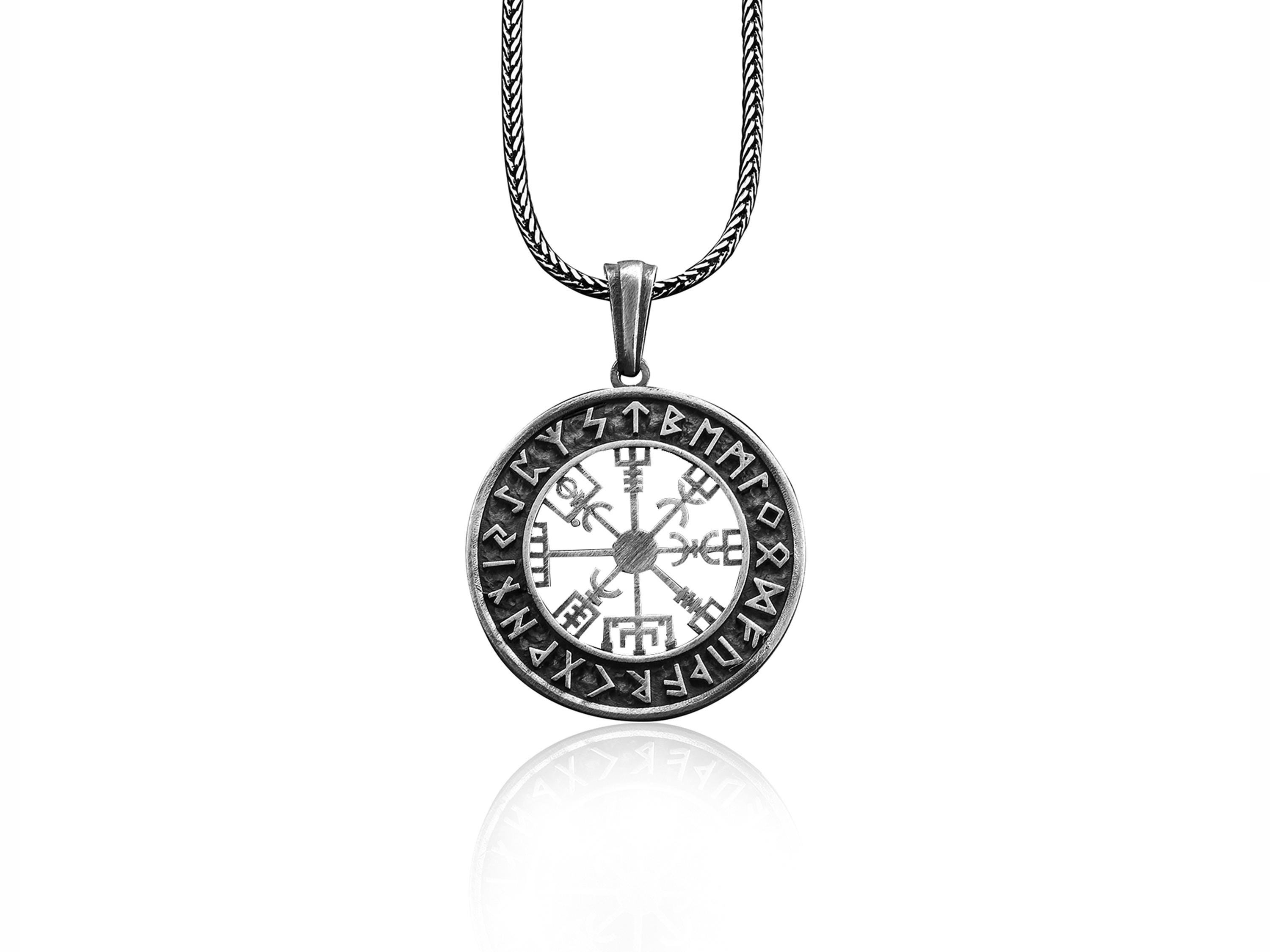 Viking Vegvisir Compass Necklace - Silver Freya Runic Circle Norse Altar Necklace, Viking Vegvisir