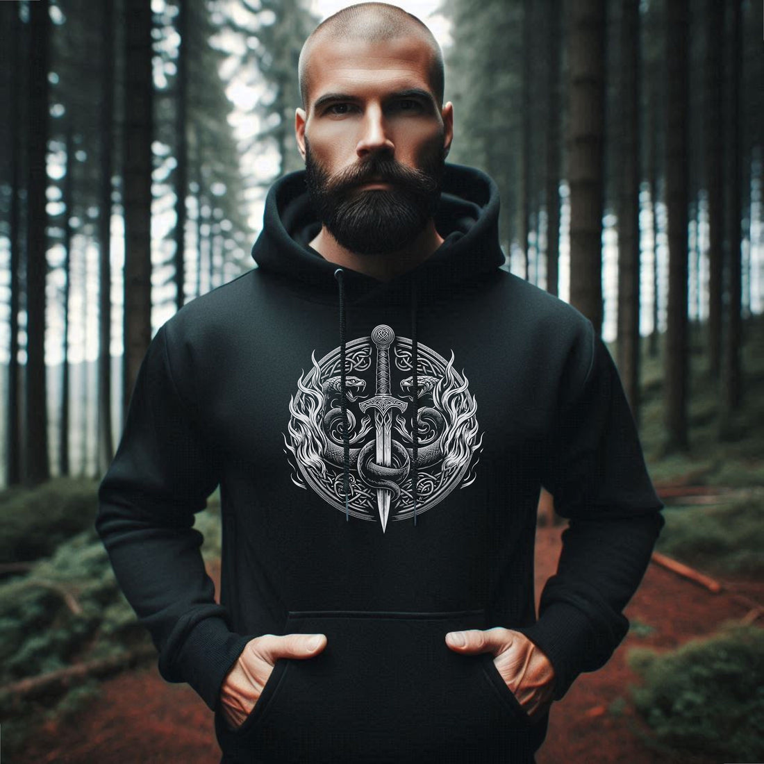 Viking Hoodie - Viking Warrior Hoodie: Flaming Sword & Snakes, Unisex Eco Sweater