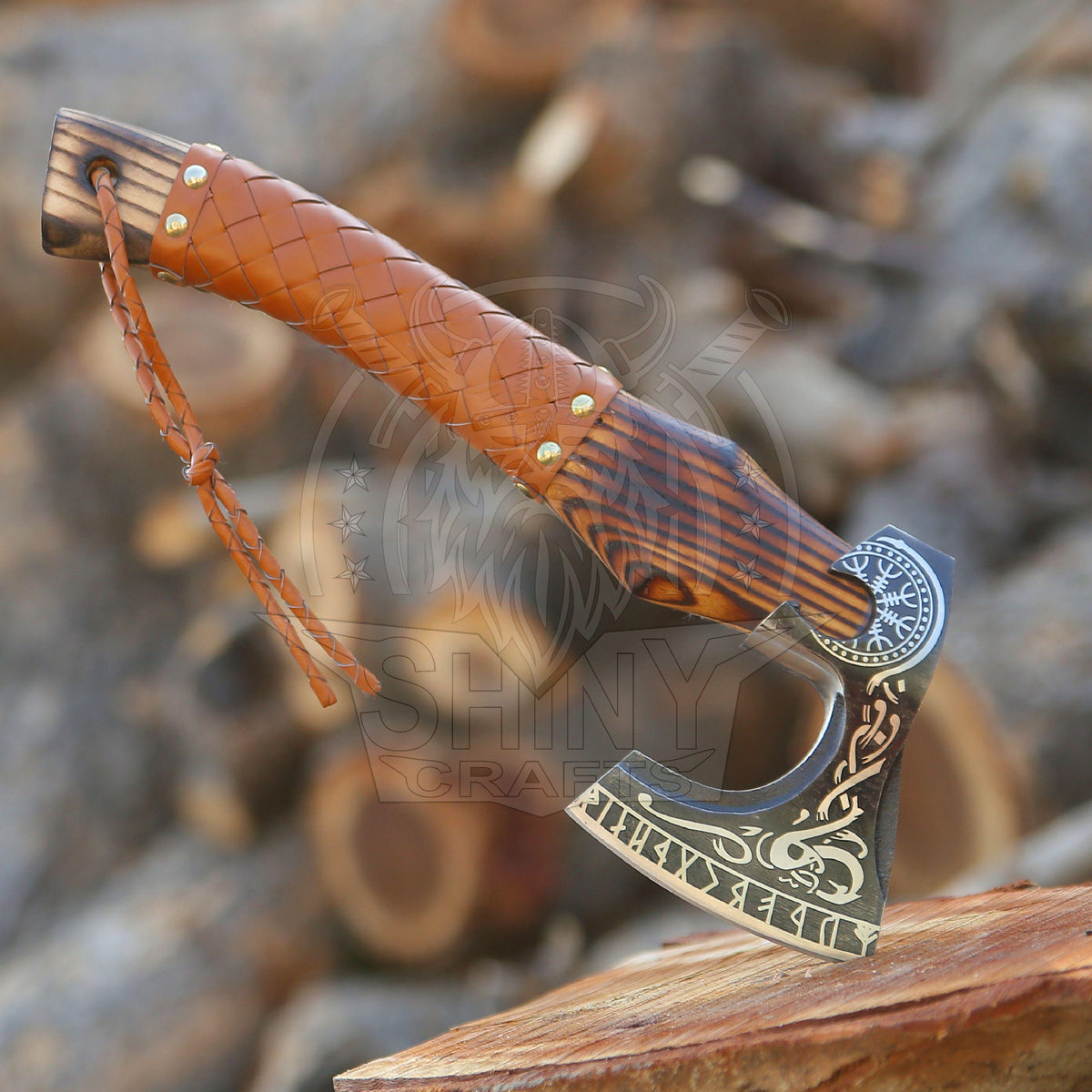 Viking Weapon Replica - Handmade Viking Axe Set, Carved Berserker Axe, Ash Wood Handle, Leather