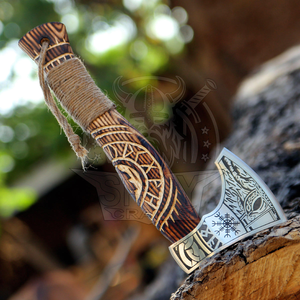 Viking Weapon Replica - Handmade Viking Axe Set, Carved Berserker Axe, Ash Wood Handle, Leather