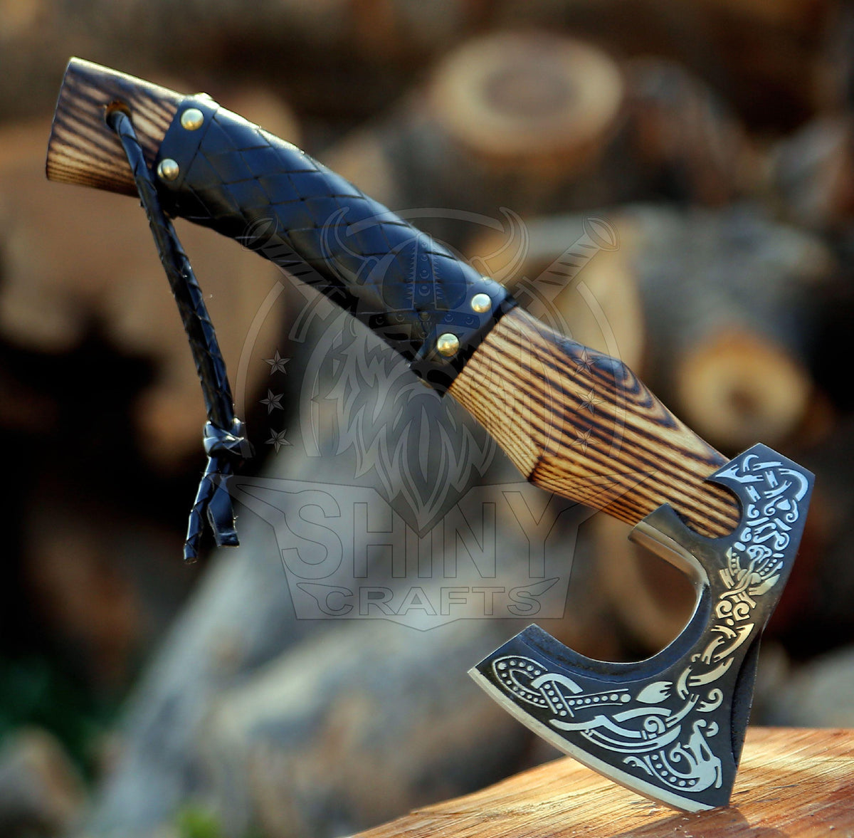 Viking Weapon Replica - Handmade Viking Axe Set, Carved Berserker Axe, Ash Wood Handle, Leather