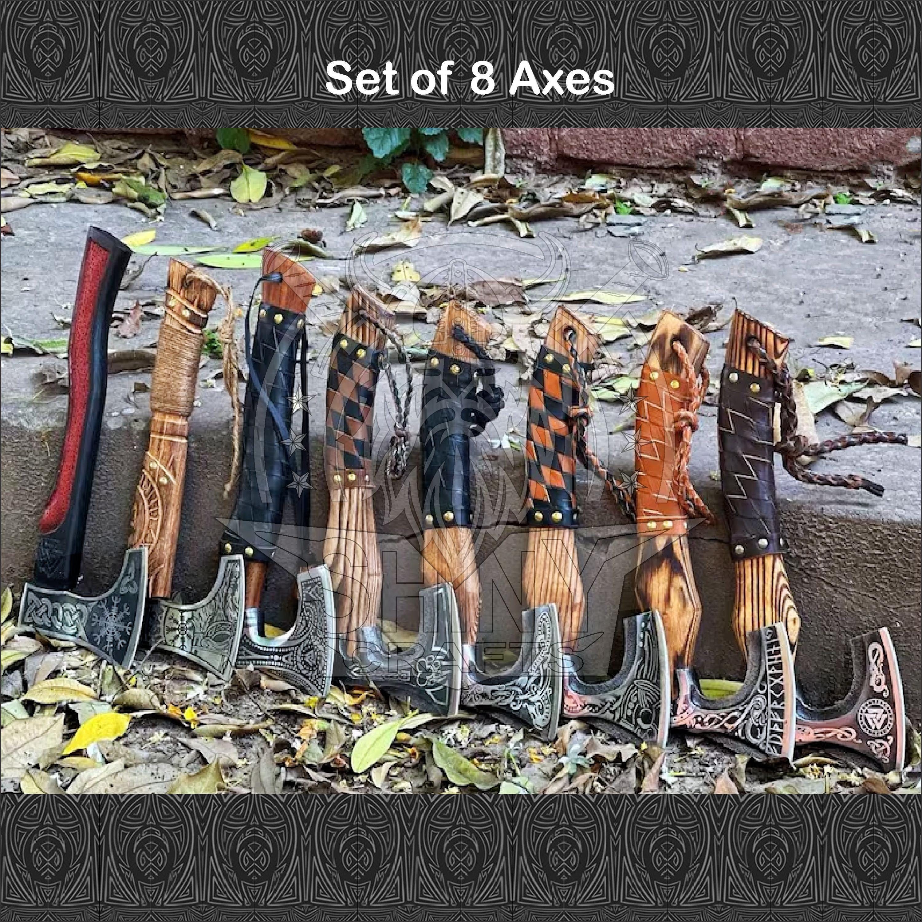 Viking Weapon Replica - Handmade Viking Axe Set, Carved Berserker Axe, Ash Wood Handle, Leather