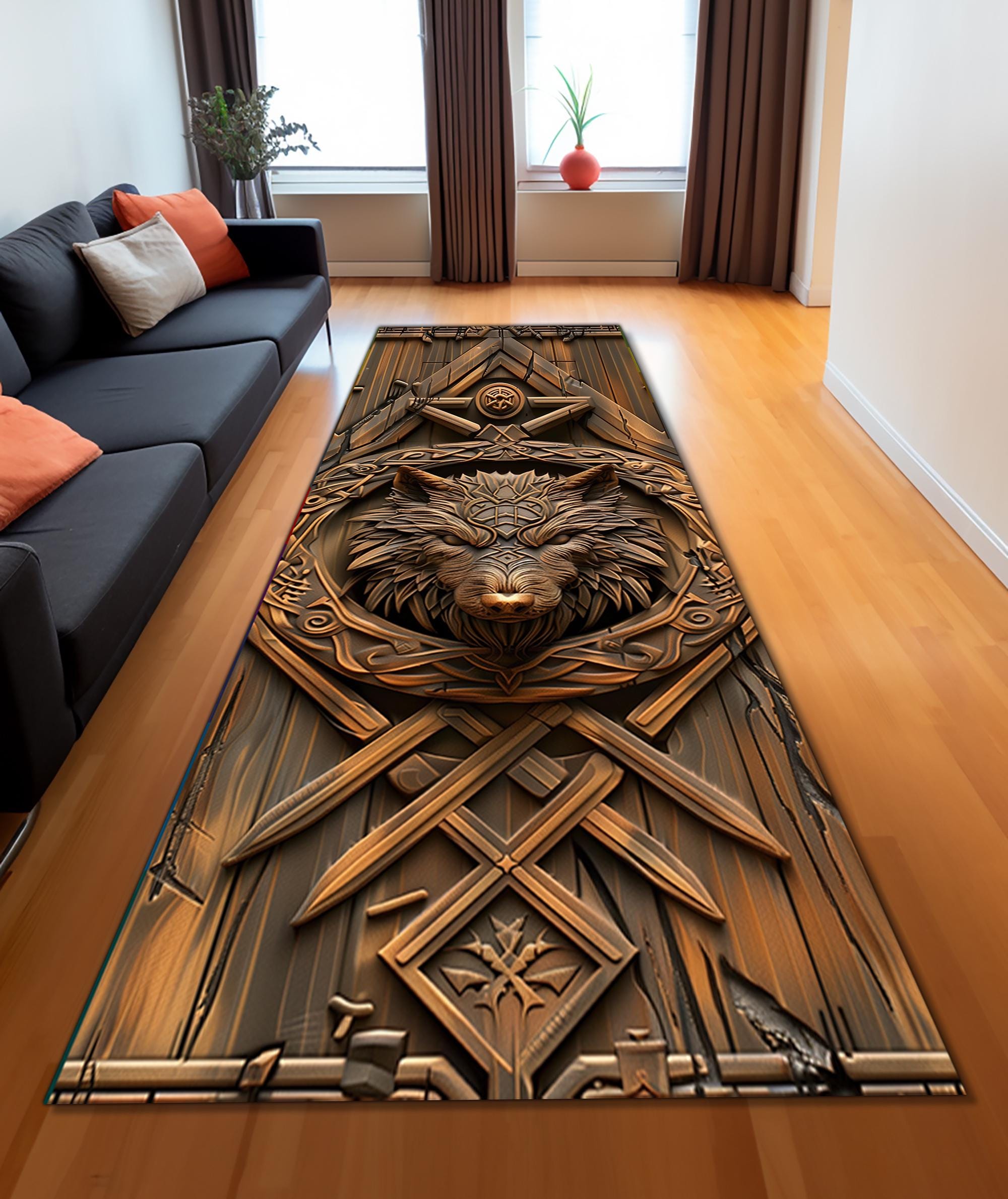Viking Raven Rug, Norse Mythic Decor, Gothic Nordic Knot Area Rug