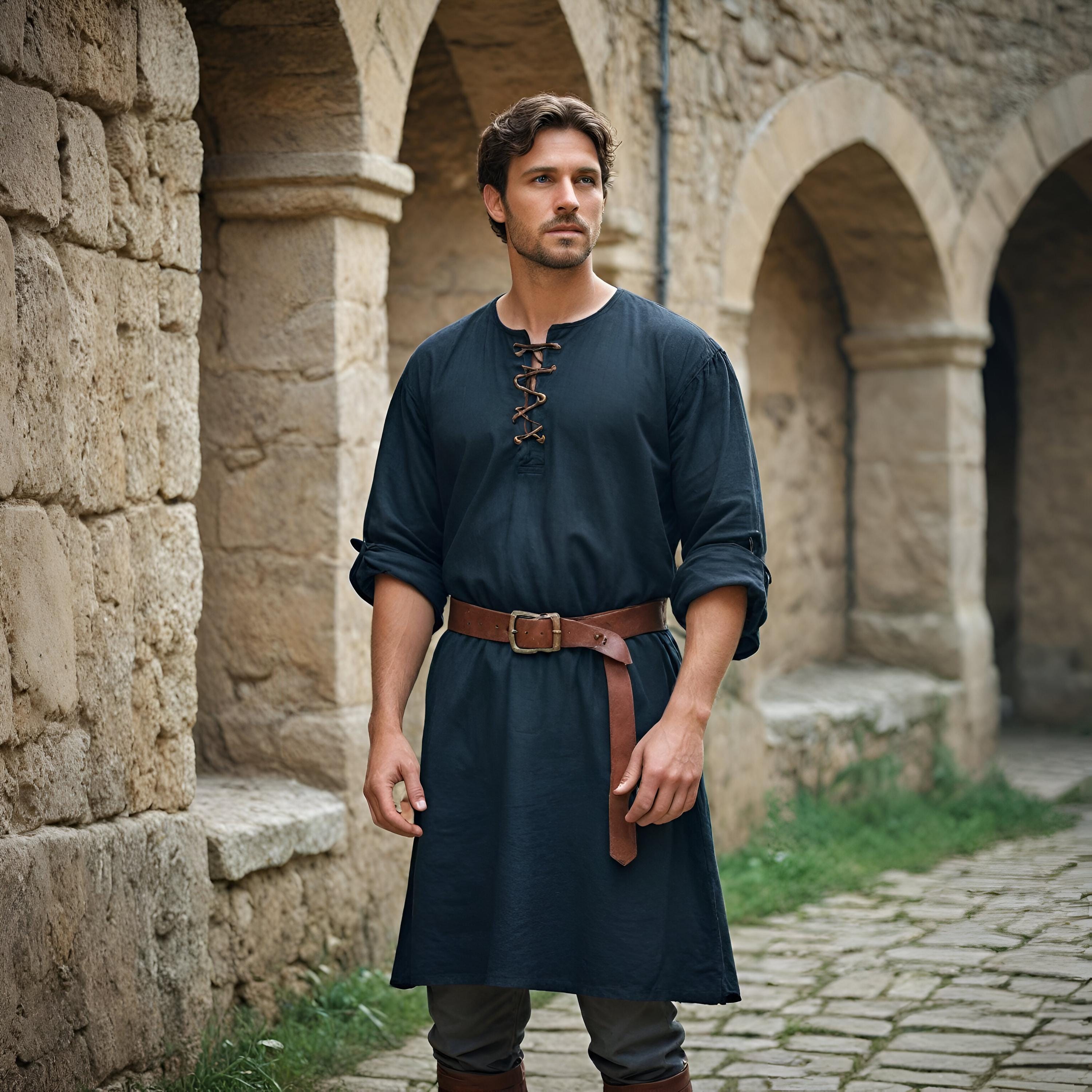 Viking T-Shirt - Green Viking tunic with leather details, Viking tunic for reenactment, LARP, and