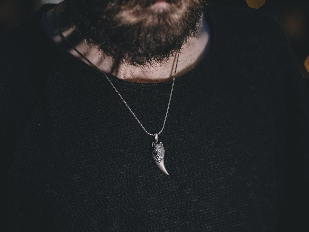 Viking Wolf Necklace - Norse Mythology Wolf Handmade Sterling Silver Men Charm Necklace, Viking