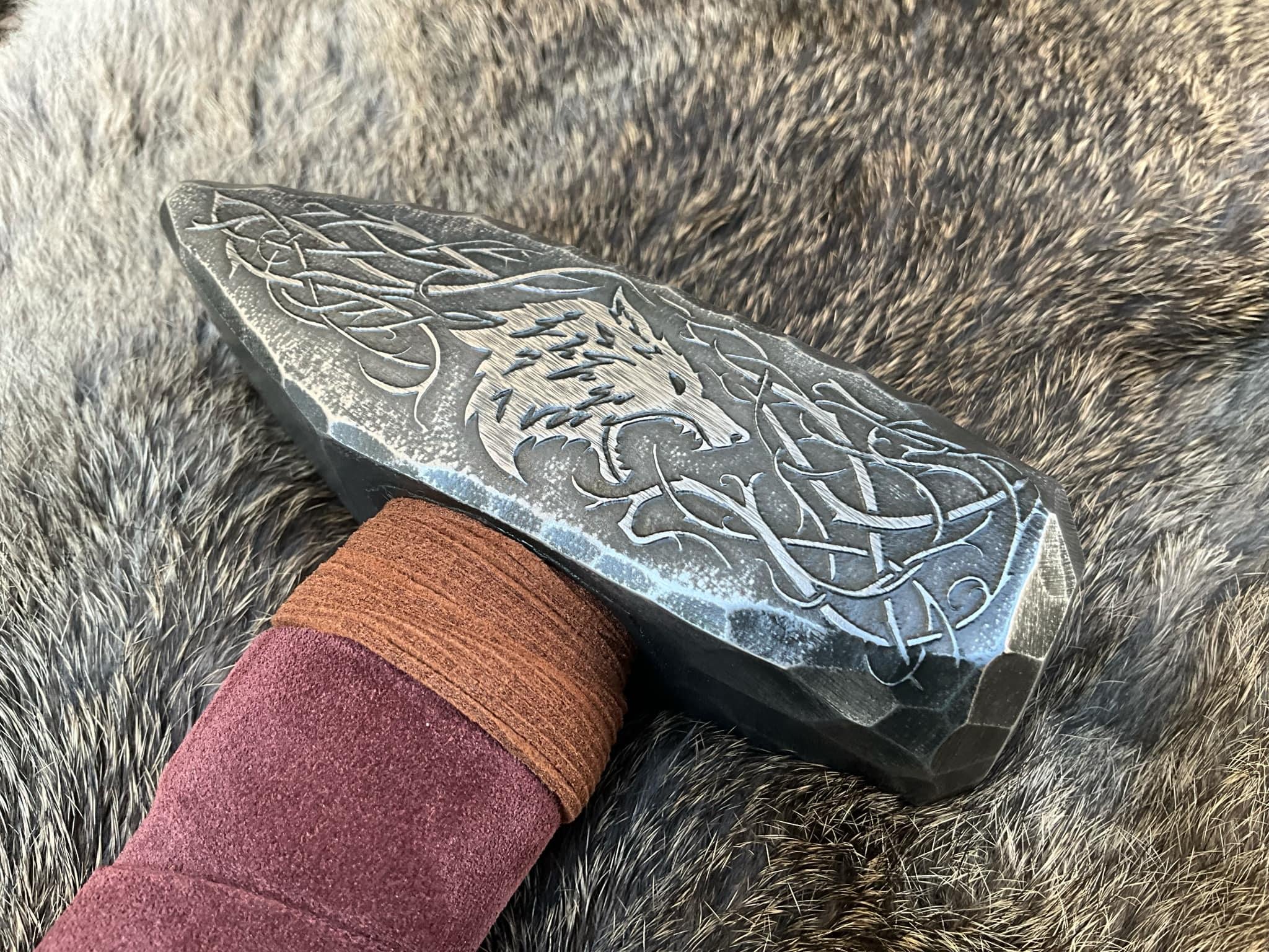 Viking Wolf Costume & LARP - Fenrir Viking Hammer Wolf and Runes Engraved Norse Cosplay Rustic