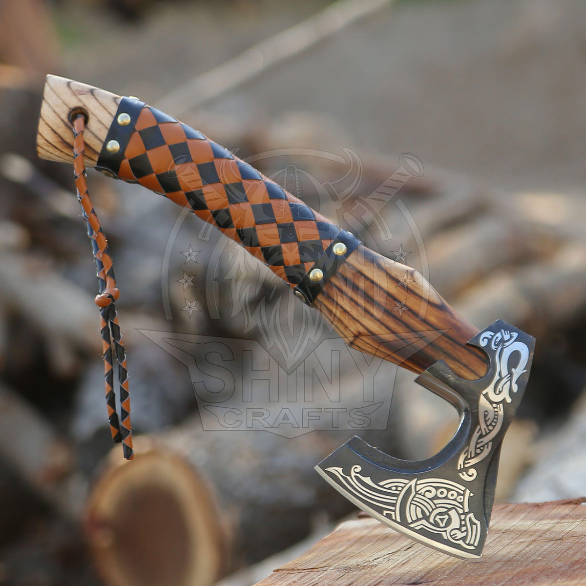 Viking Weapon Replica - Handmade Viking Axe Set, Carved Berserker Axe, Ash Wood Handle, Leather