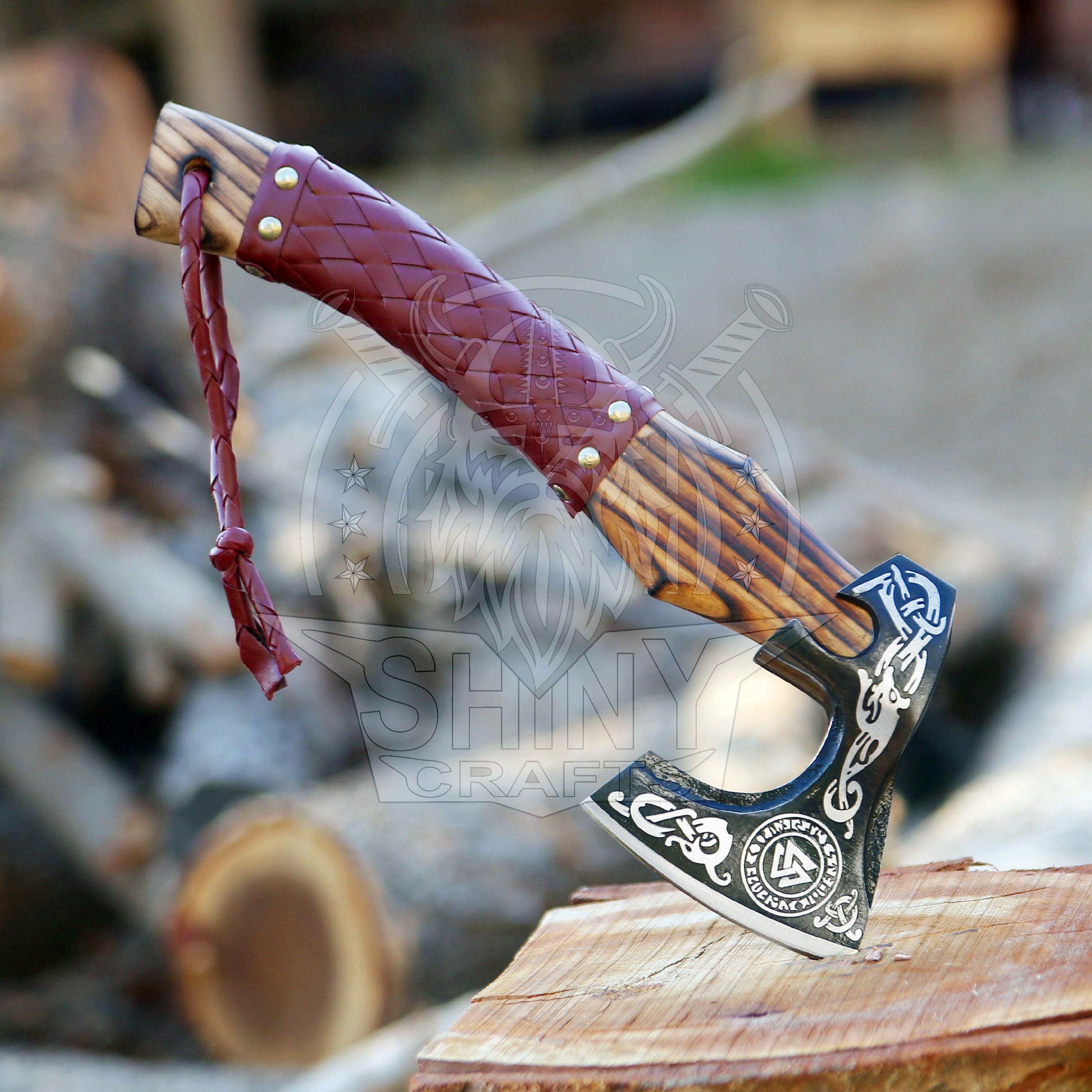 Viking Weapon Replica - Handmade Viking Axe Set, Carved Berserker Axe, Ash Wood Handle, Leather