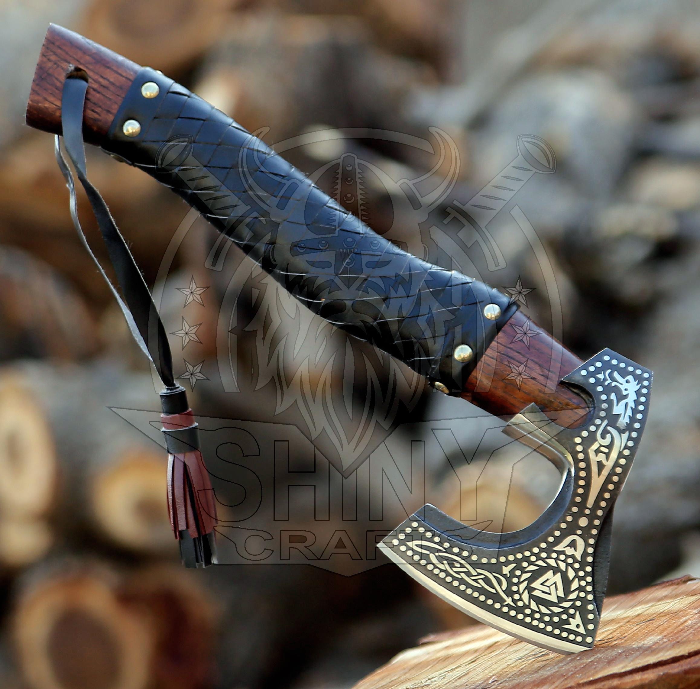 Viking Weapon Replica - Handmade Viking Axe Set, Carved Berserker Axe, Ash Wood Handle, Leather