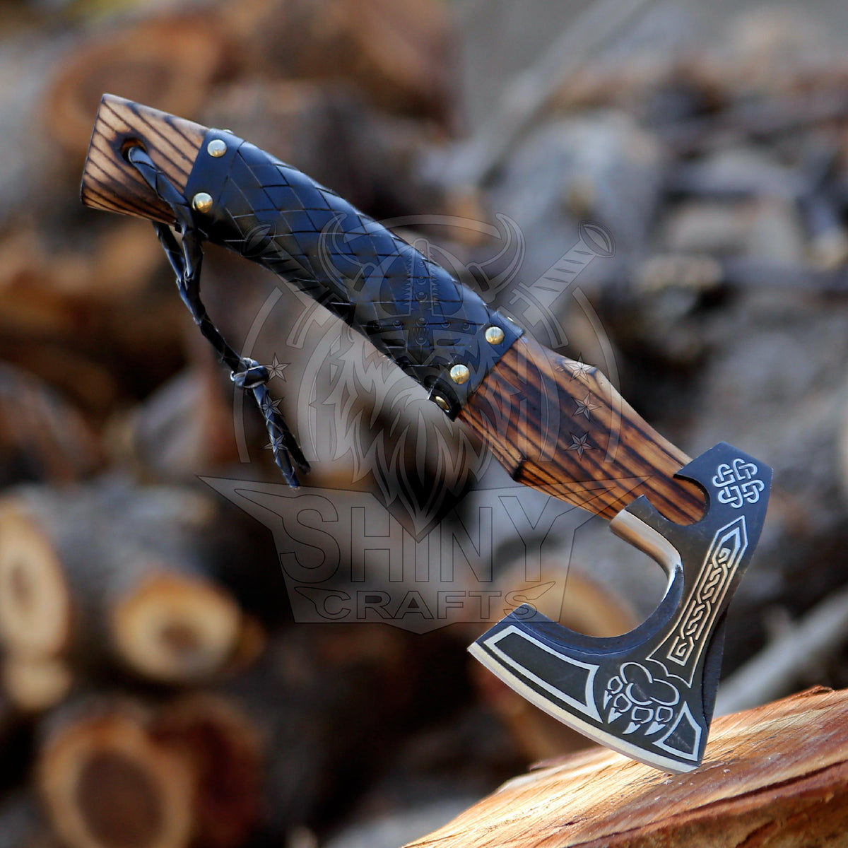 Viking Weapon Replica - Handmade Viking Axe Set, Carved Berserker Axe, Ash Wood Handle, Leather