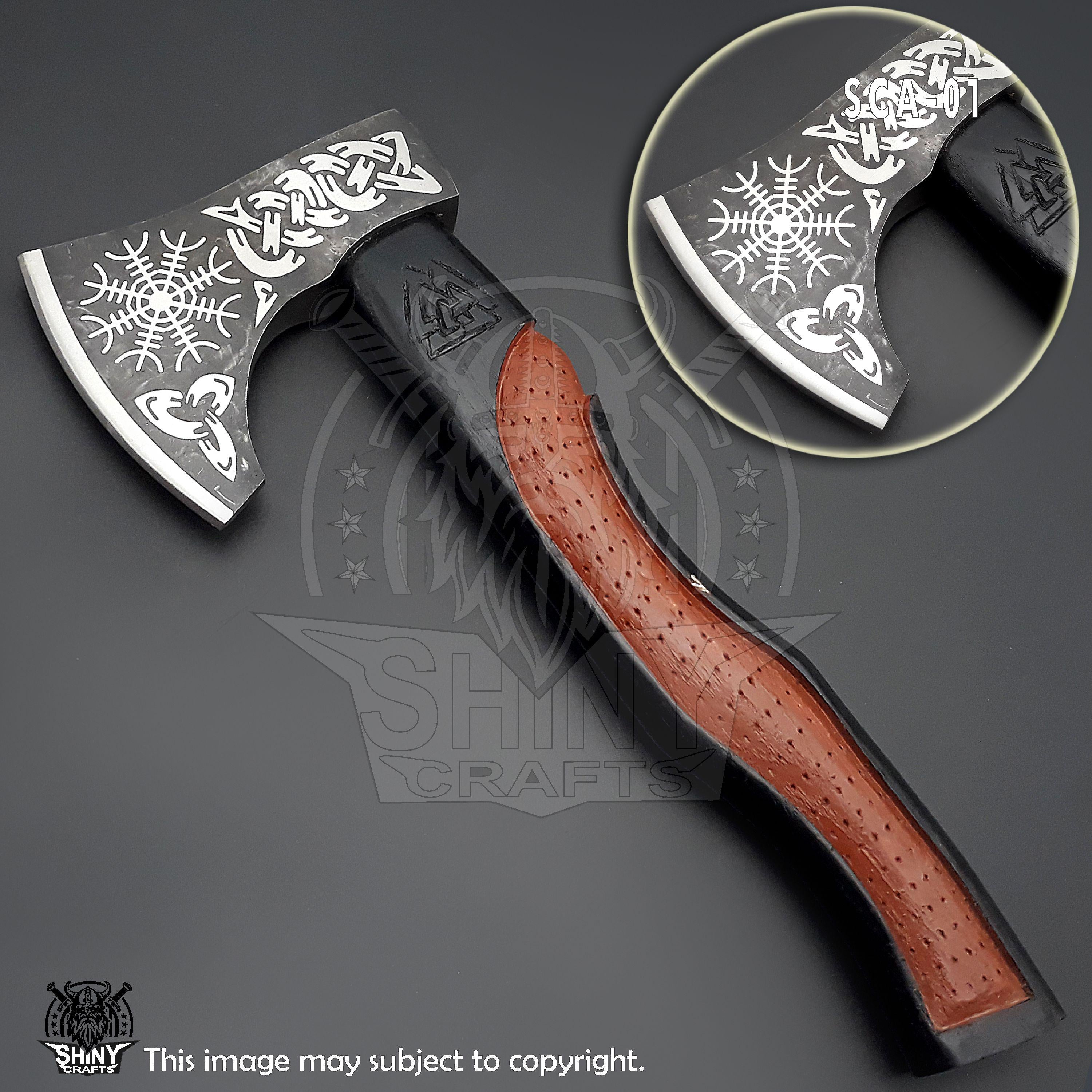 Viking Weapon Replica - Handmade Viking Axe Set, Carved Berserker Axe, Ash Wood Handle, Leather
