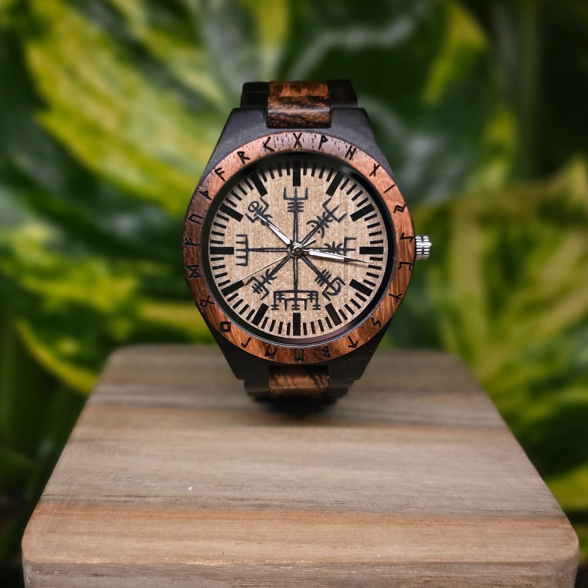 Viking Leather Accessory - Viking Compass Watch, Wooden Engraved, Groomsmen Gift, Personalized