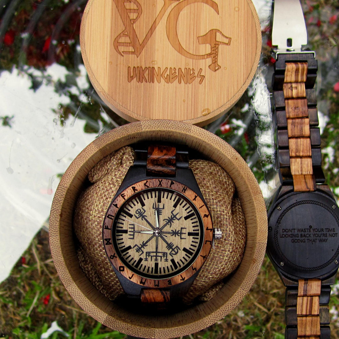 Viking Leather Accessory - Viking Compass Watch, Wooden Engraved, Groomsmen Gift, Personalized