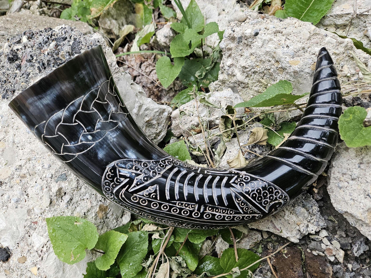 Viking Mug - Viking Ship Drinking Horn Scrimshaw Beer Mug Stand and Holster