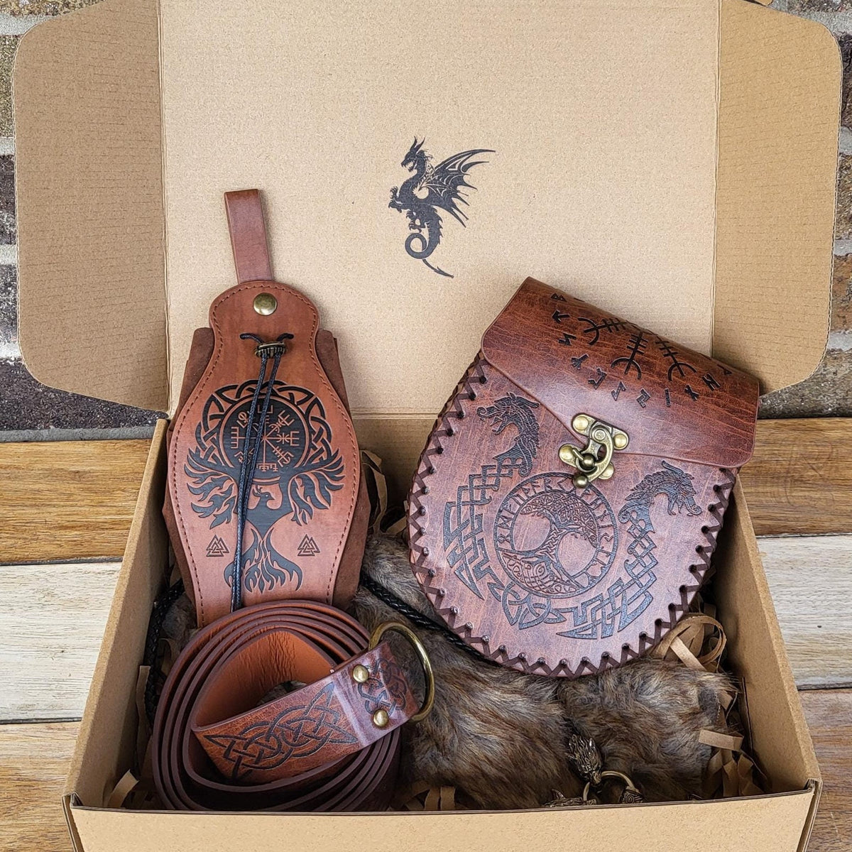 Viking Costume & LARP - Medieval Leather Bracer, Belt and Pouch for Halloween Cosplay, Viking