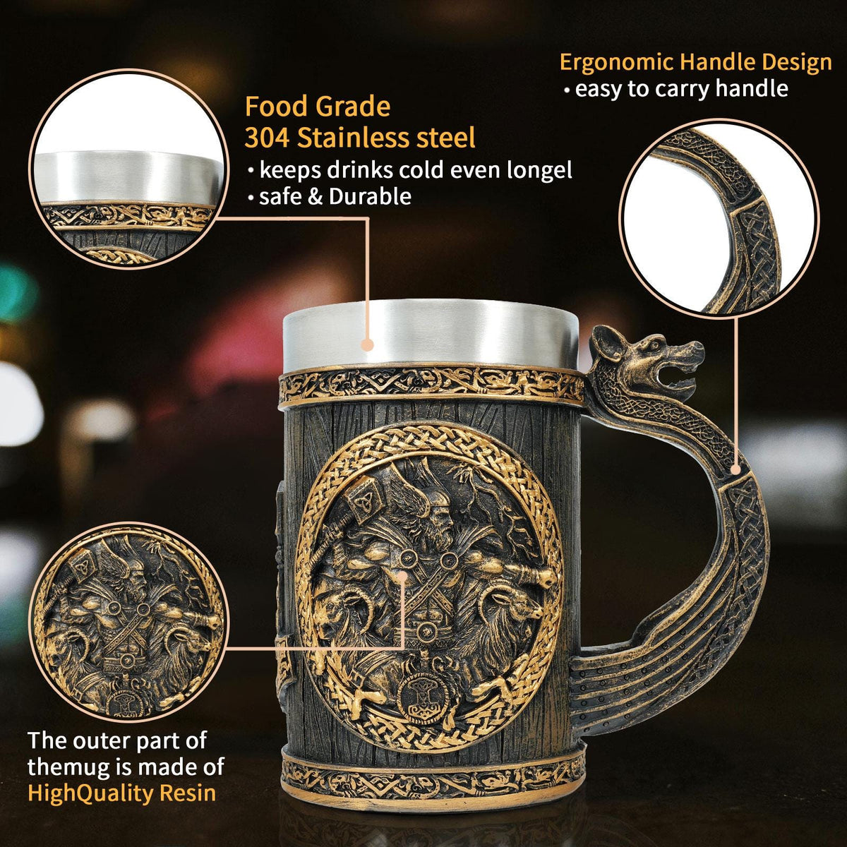 Viking Thor's Hammer Mug - Stainless Steel Viking Mug 20Oz Beer Drinking Mug, Thor's hammer Tankard