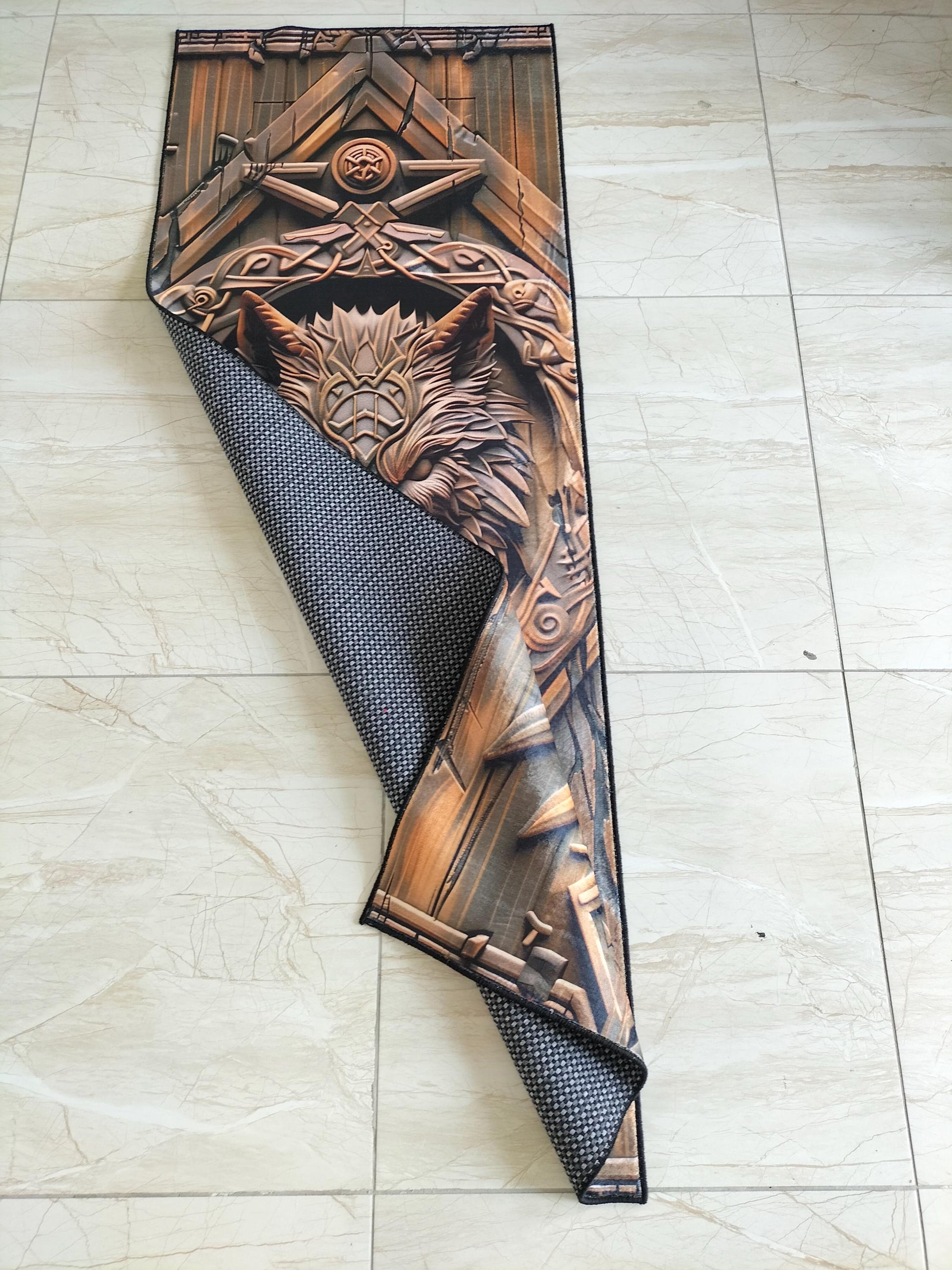 Viking Wolf Rug - 3D Viking Wolf Runner Rug: Norse Decor