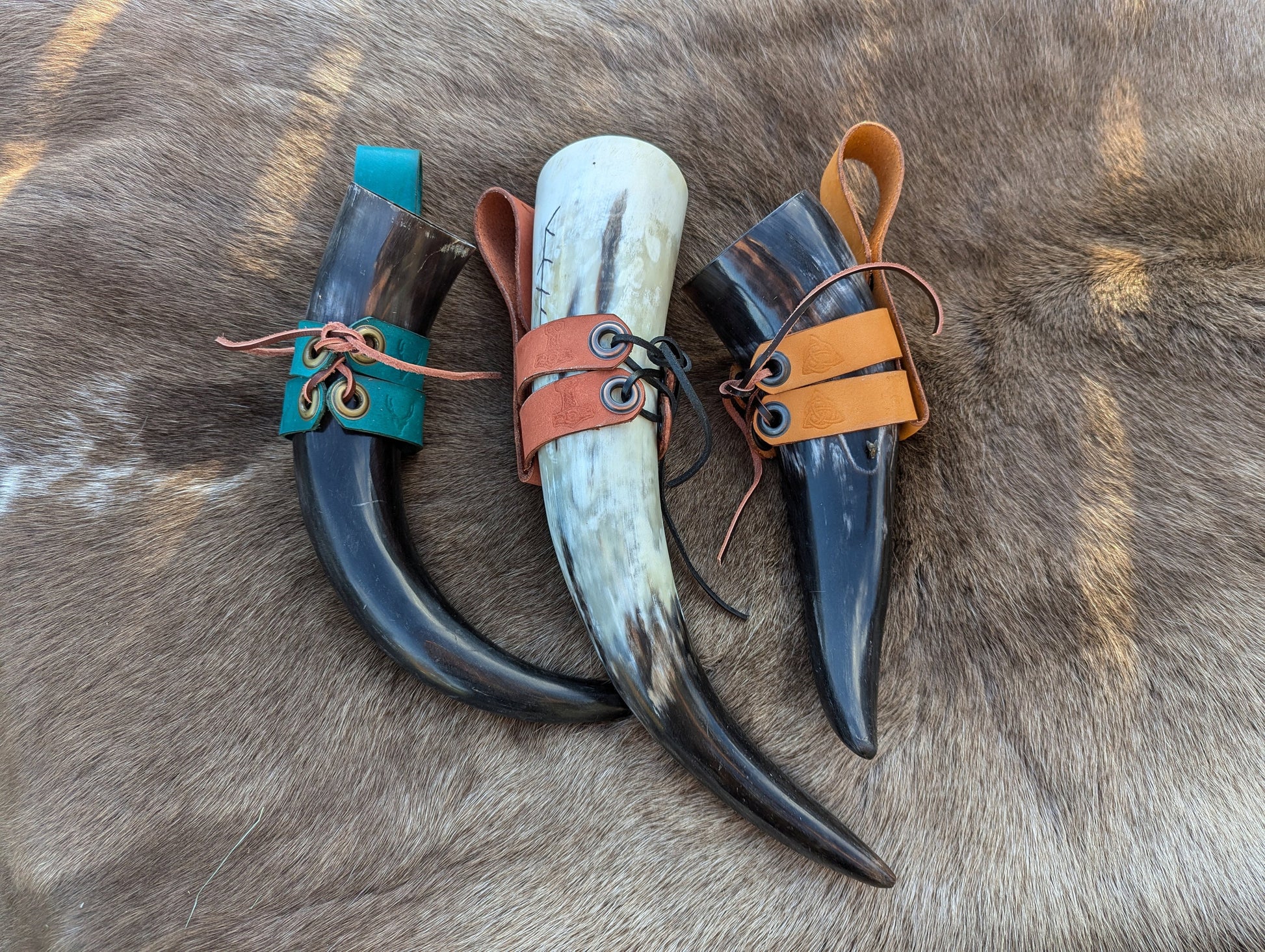 Viking Mug - SCA Viking Fireworks Print Drinking Horn w/ Leather Holster Fireworks Party Sparklers