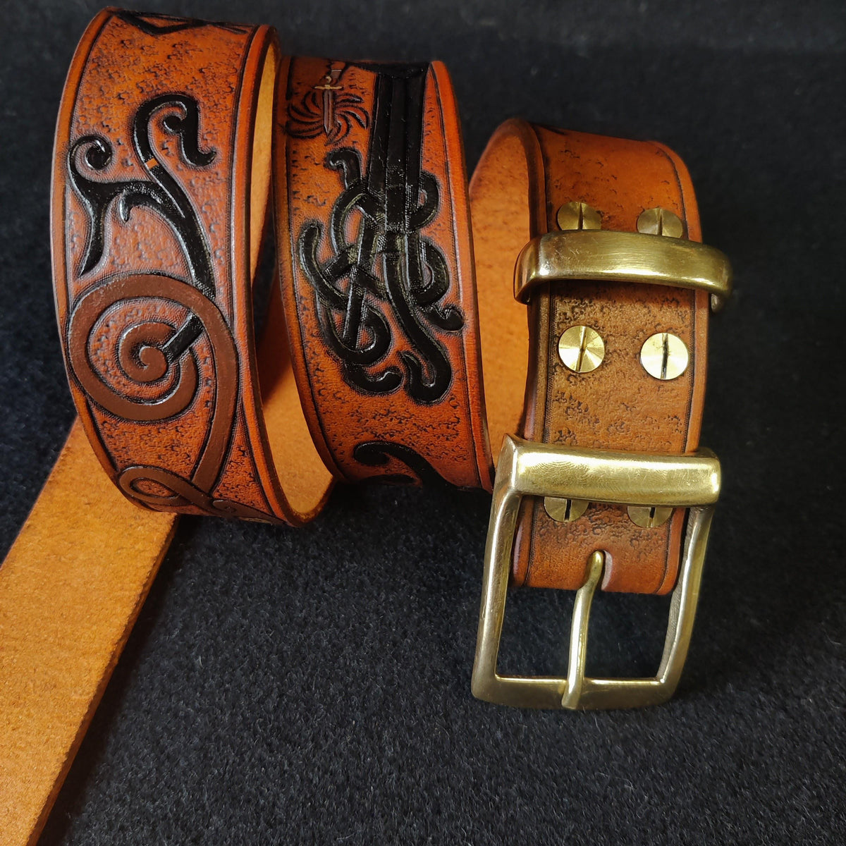 Viking Wolf Leather Accessory - Viking Tooled Leather Belt Fenrir Tyr Design