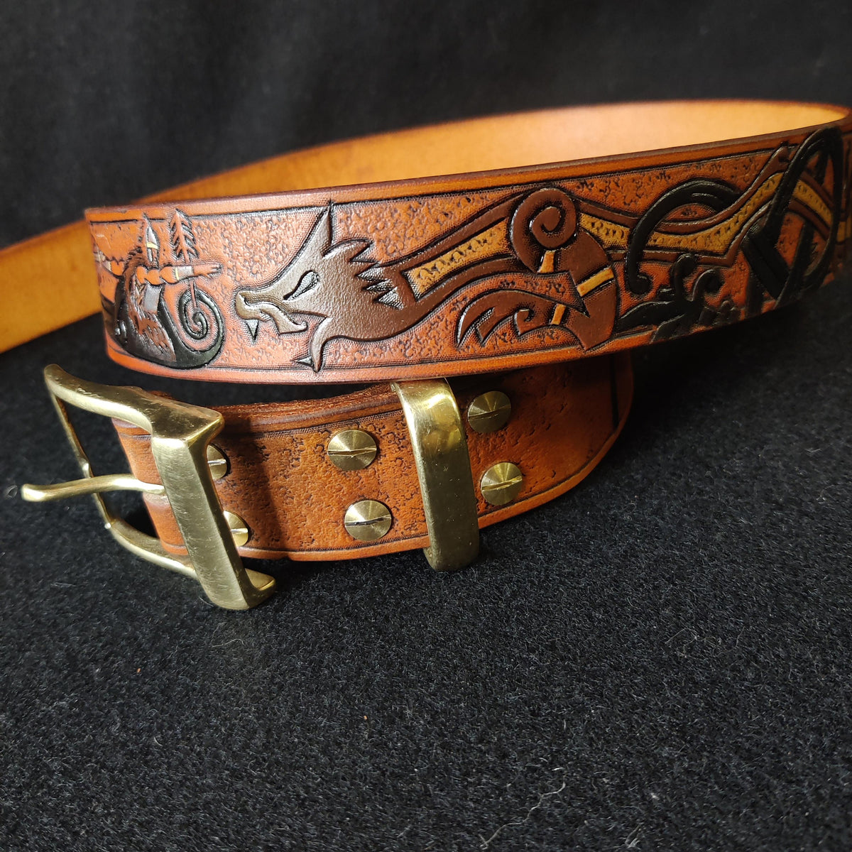 Viking Wolf Leather Accessory - Viking Tooled Leather Belt Fenrir Tyr Design