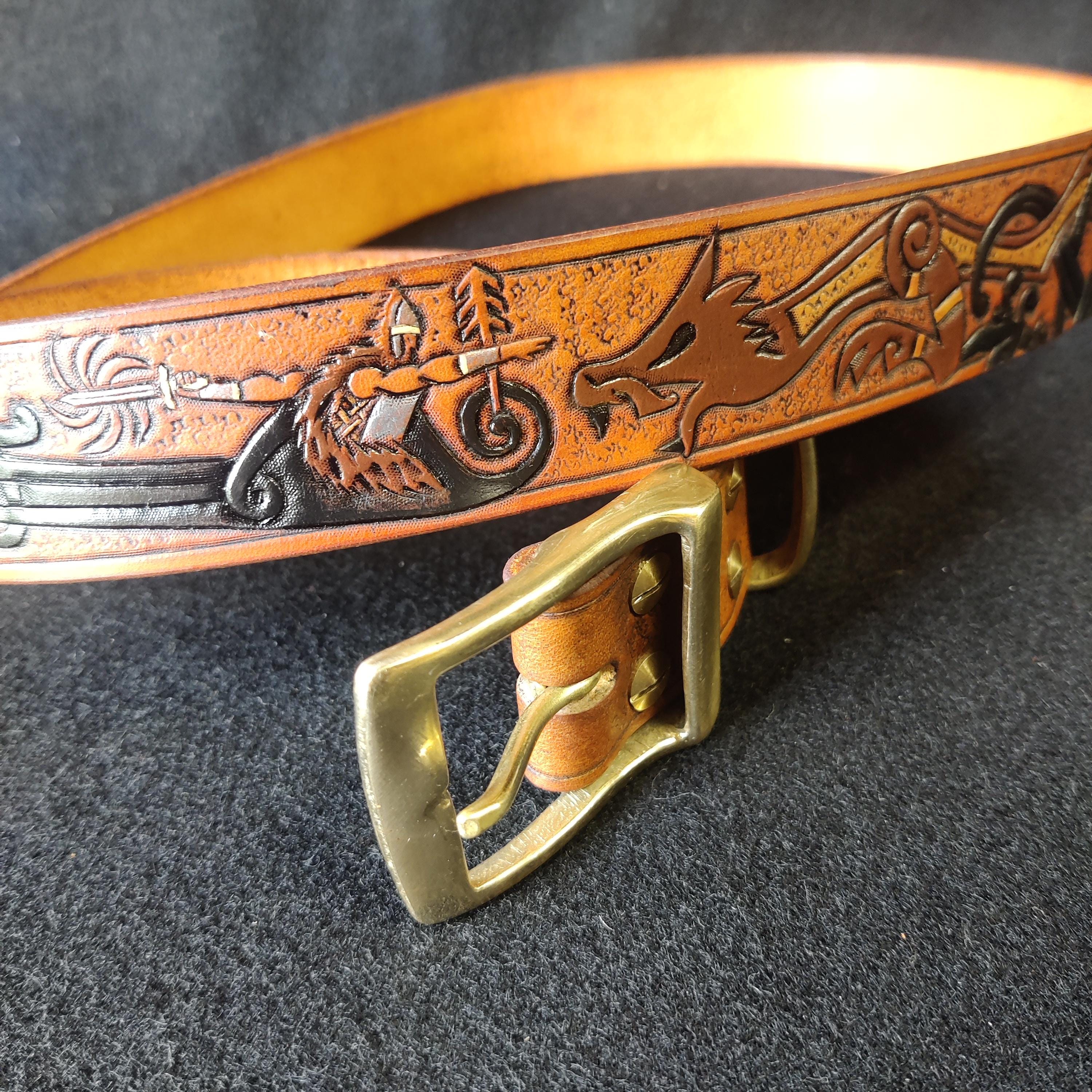 Viking Wolf Leather Accessory - Viking Tooled Leather Belt Fenrir Tyr Design