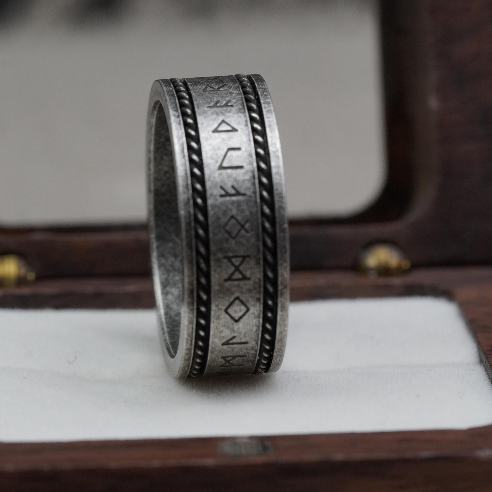 Viking Rune Ring - Ancient Viking Ring For Men - Nordic Runes Ring, Black Viking Norse Ring