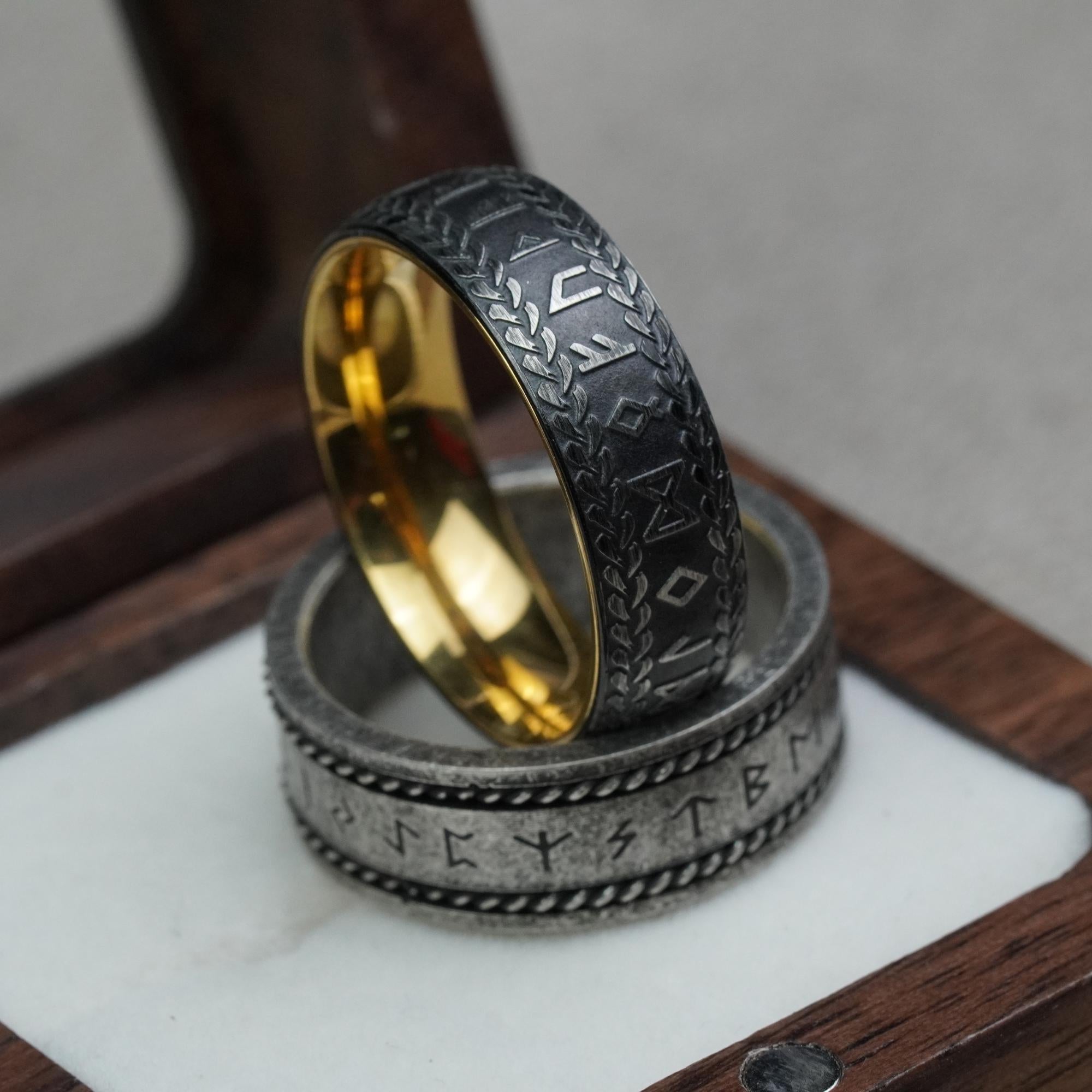 Viking Rune Ring - Ancient Viking Ring For Men - Nordic Runes Ring, Black Viking Norse Ring