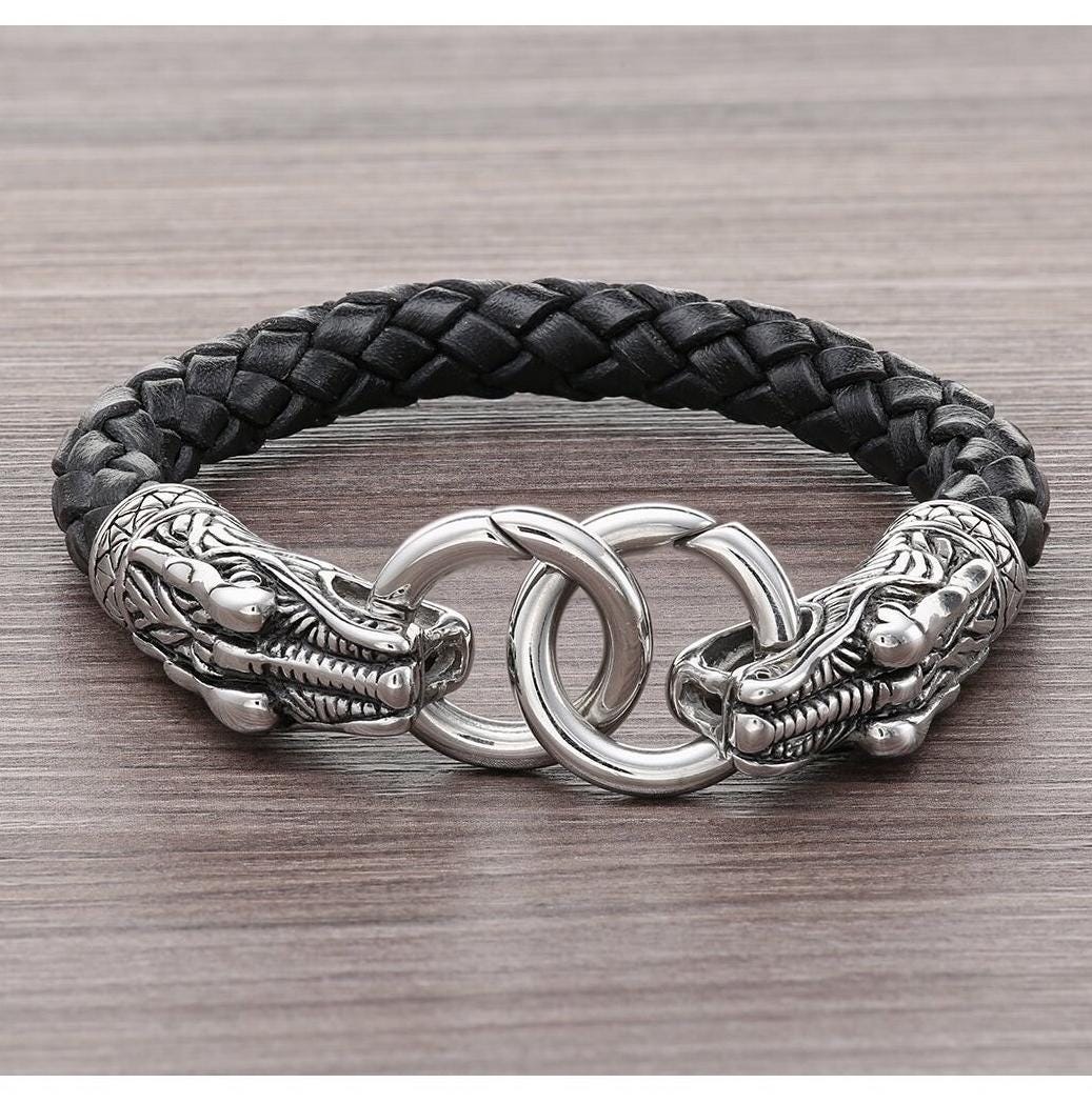Viking Necklace - Braided Leather Dragon Necklace – Viking Necklace with Silver Dragon End Caps