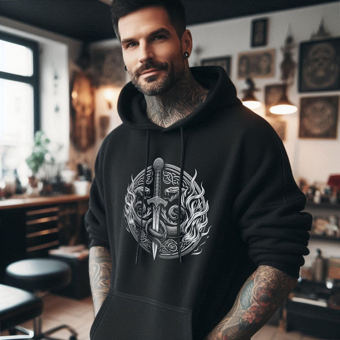 Viking Hoodie - Viking Warrior Hoodie: Flaming Sword & Snakes, Unisex Eco Sweater