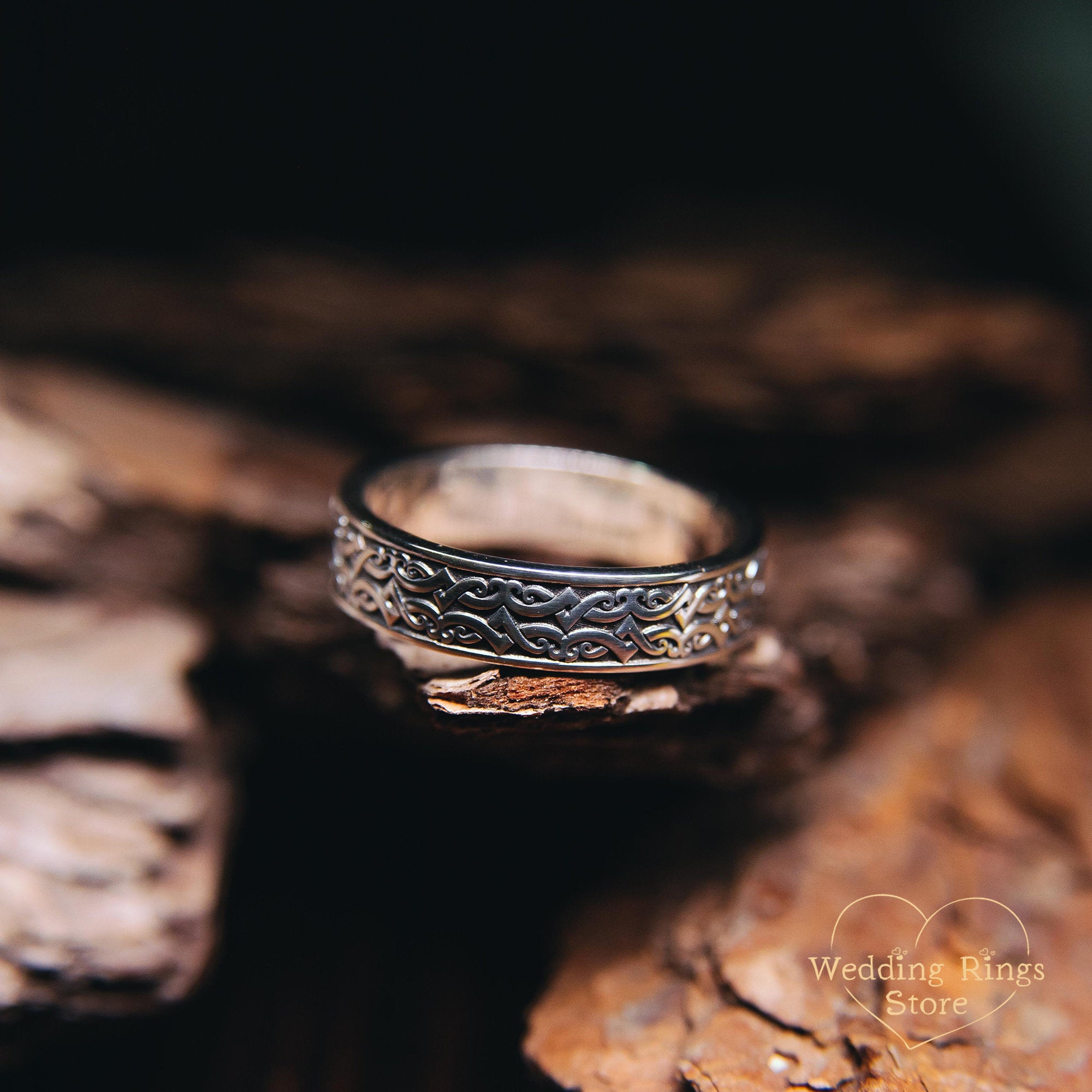 Viking Ring - Engraved Viking Wedding Ring Sterling Silver Unique Mens Band Nordic Warrior Pattern