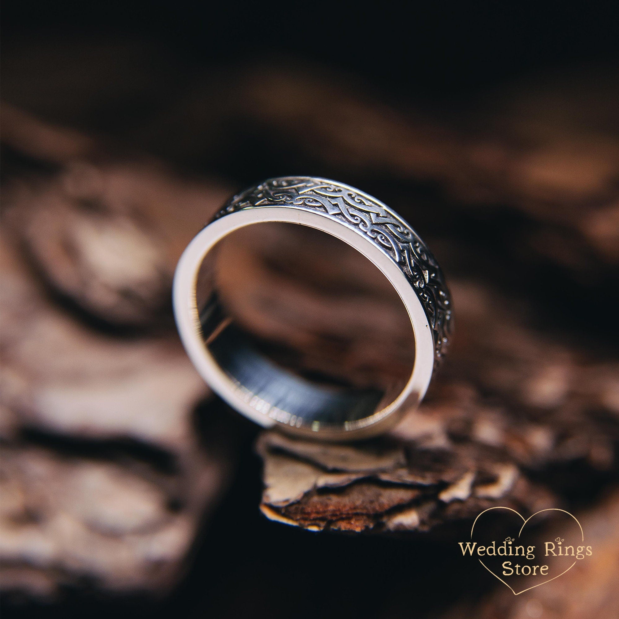 Viking Ring - Engraved Viking Wedding Ring Sterling Silver Unique Mens Band Nordic Warrior Pattern