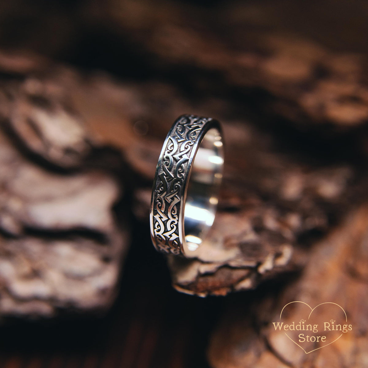 Viking Ring - Engraved Viking Wedding Ring Sterling Silver Unique Mens Band Nordic Warrior Pattern