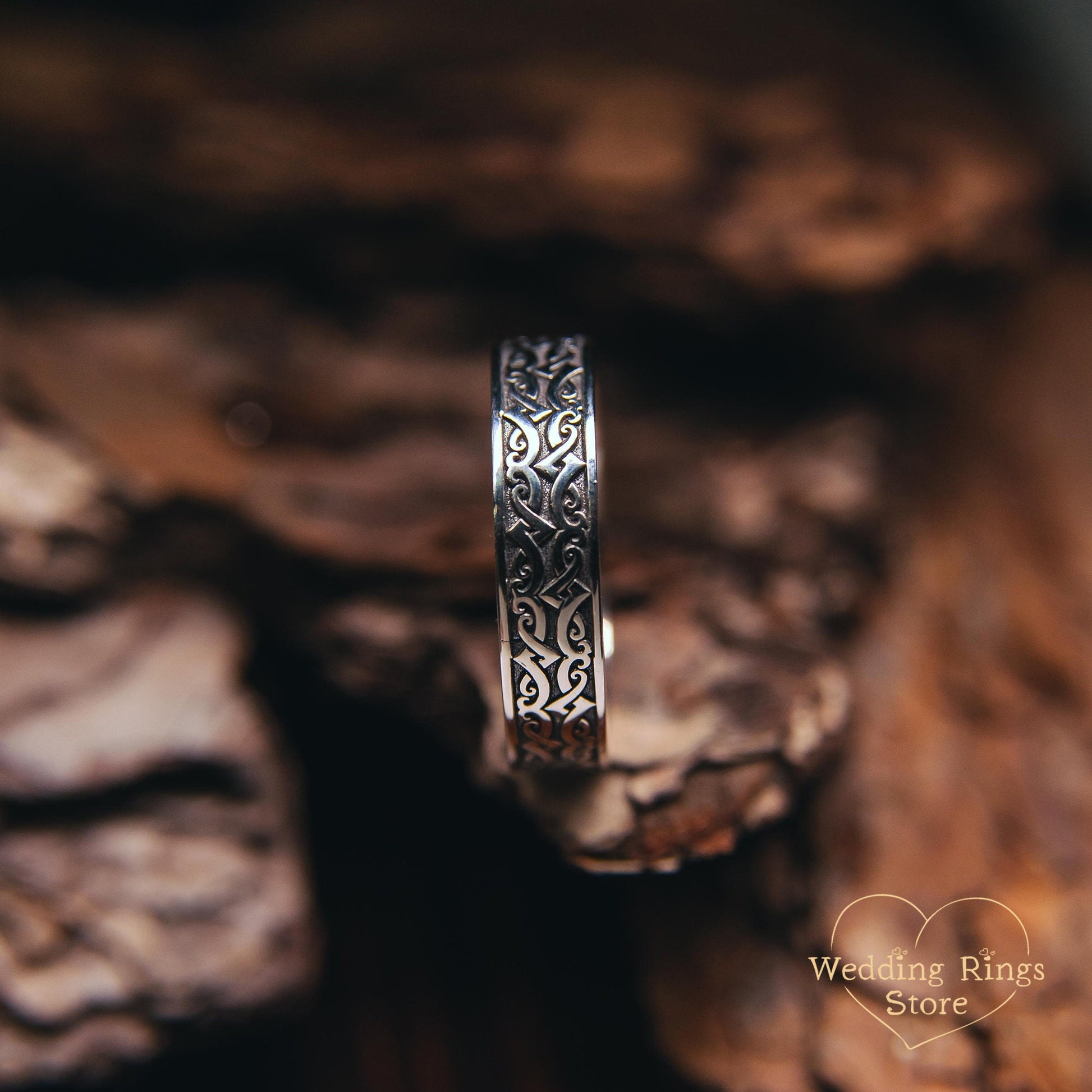 Viking Ring - Engraved Viking Wedding Ring Sterling Silver Unique Mens Band Nordic Warrior Pattern