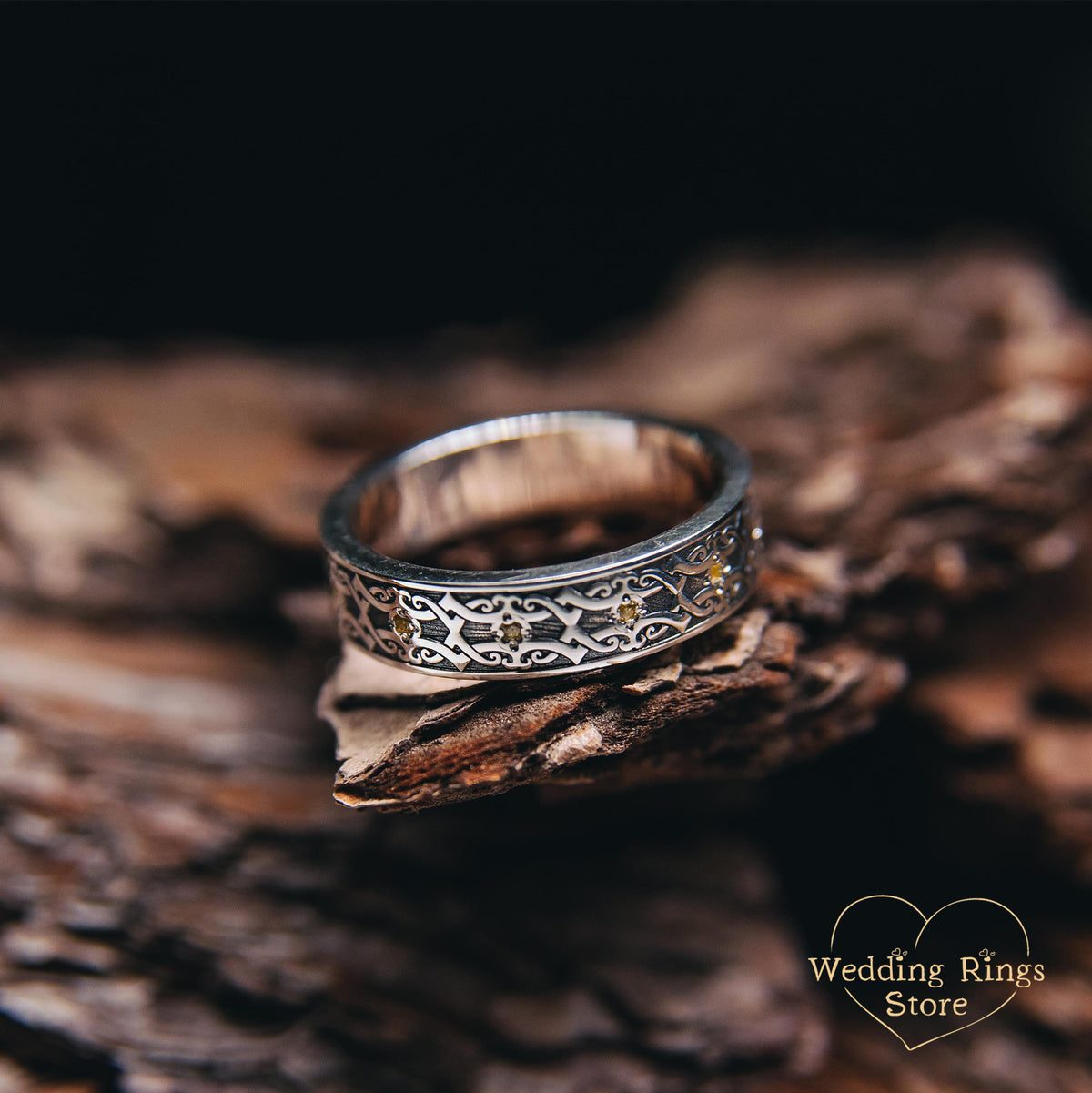 Viking Ring - Citrines in Silver Viking Wedding Band for Women & Men Custom Multi Gemstone Fantasy