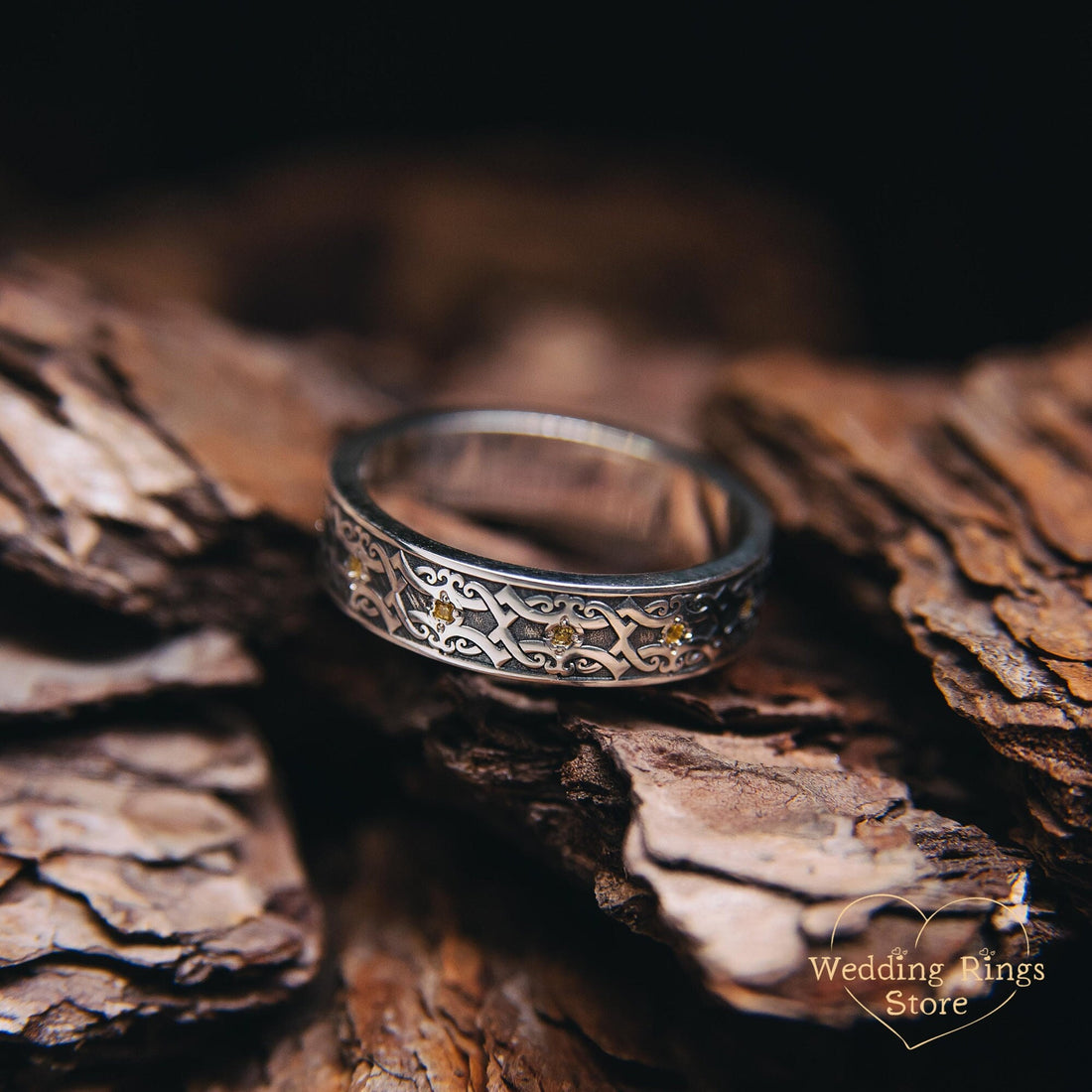 Viking Ring - Citrines in Silver Viking Wedding Band for Women & Men Custom Multi Gemstone Fantasy