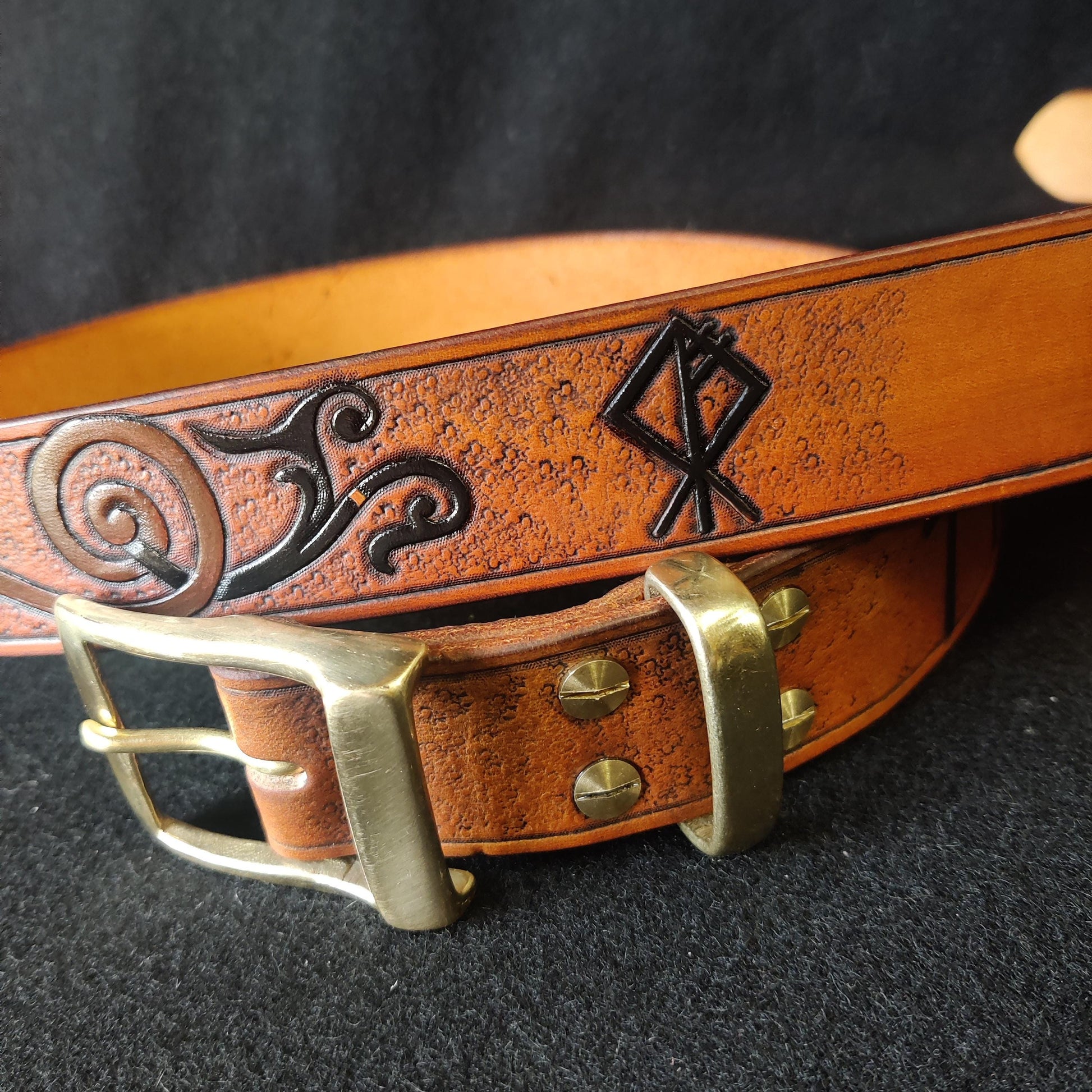 Viking Wolf Leather Accessory - Viking Tooled Leather Belt Fenrir Tyr Design