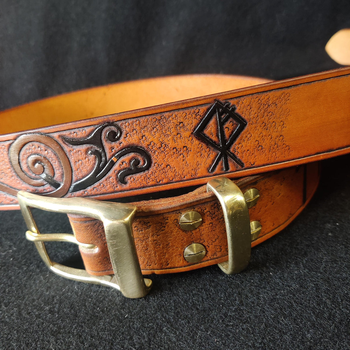 Viking Wolf Leather Accessory - Viking Tooled Leather Belt Fenrir Tyr Design