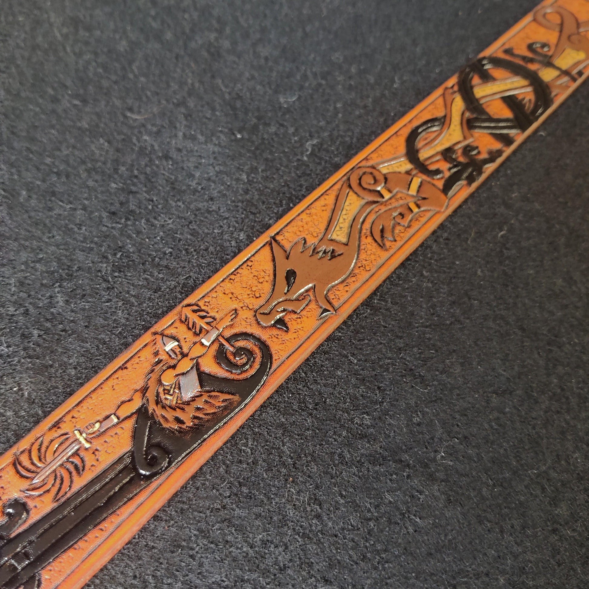Viking Wolf Leather Accessory - Viking Tooled Leather Belt Fenrir Tyr Design