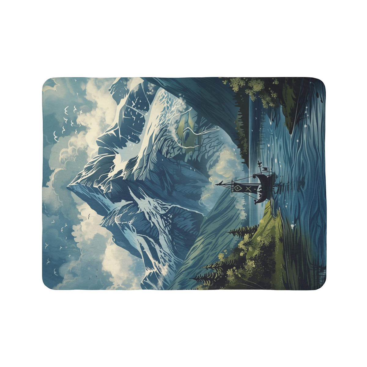 Viking Blanket - Viking Mountain Fjord and Longboat Soft Fleece Blanket - Viking Art Blanket - Gift