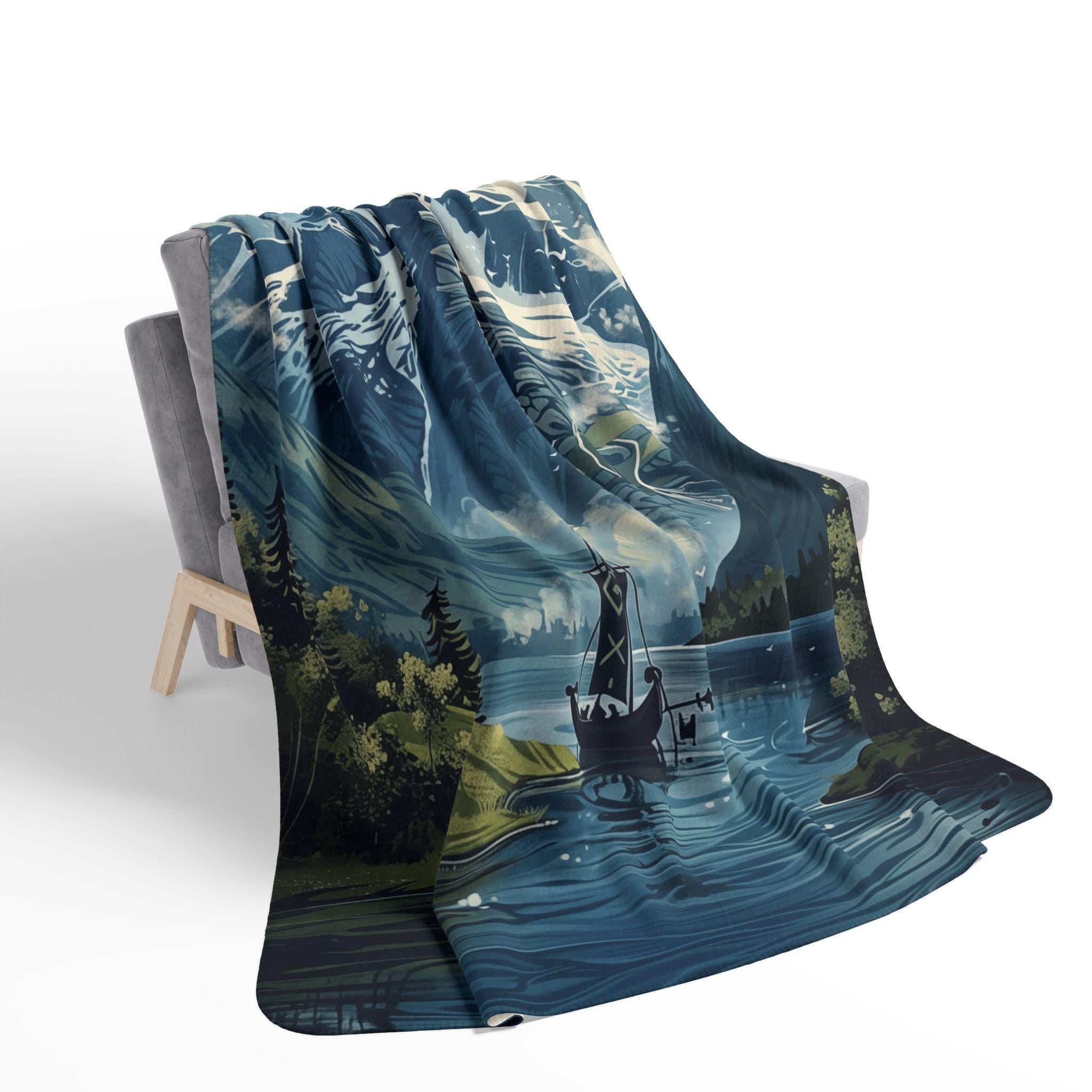 Viking Blanket - Viking Mountain Fjord and Longboat Soft Fleece Blanket - Viking Art Blanket - Gift
