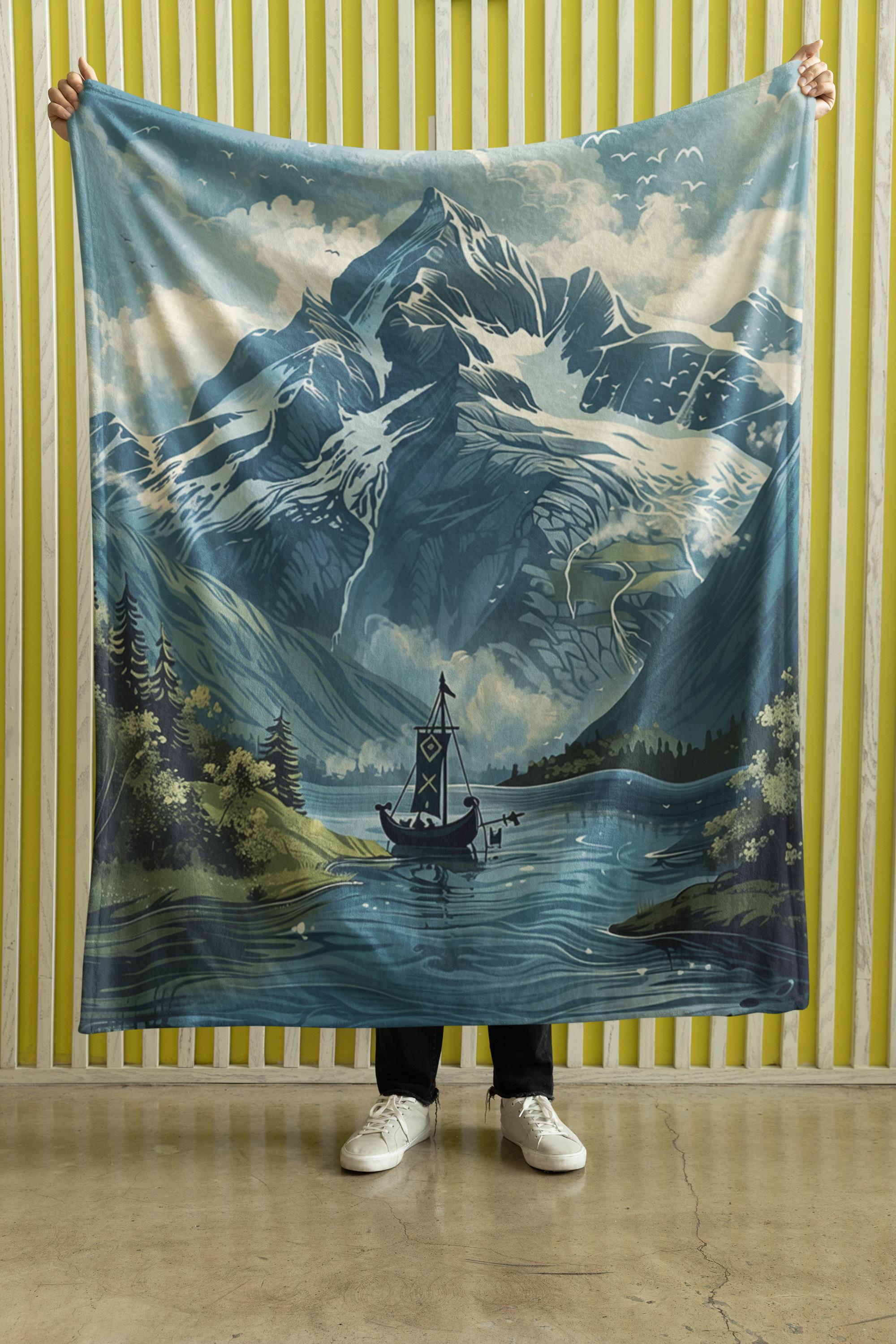 Viking Blanket - Viking Mountain Fjord and Longboat Soft Fleece Blanket - Viking Art Blanket - Gift