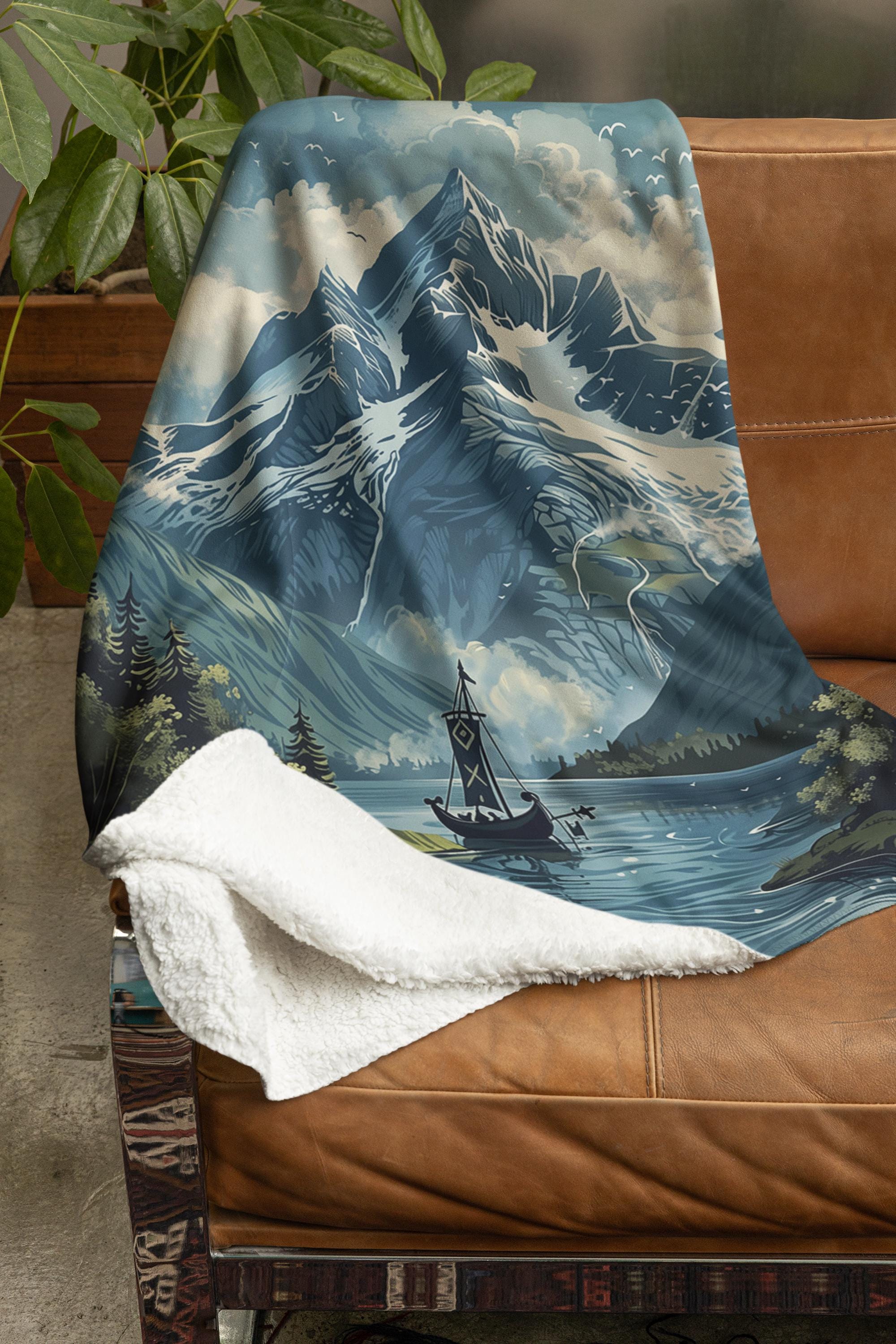 Viking Blanket - Viking Mountain Fjord and Longboat Soft Fleece Blanket - Viking Art Blanket - Gift