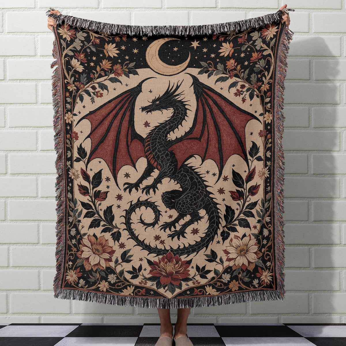 Viking Blanket - Viking Nordic Dragon Woven Cotton Throw Blanket, Fringed Tapestry Decor