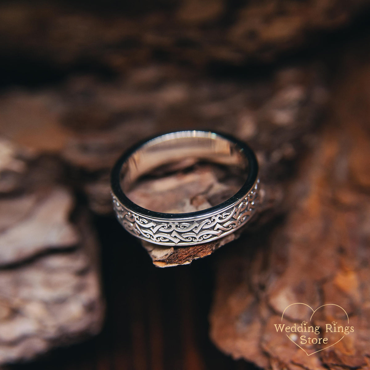 Viking Ring - Engraved Viking Wedding Ring Sterling Silver Unique Mens Band Nordic Warrior Pattern