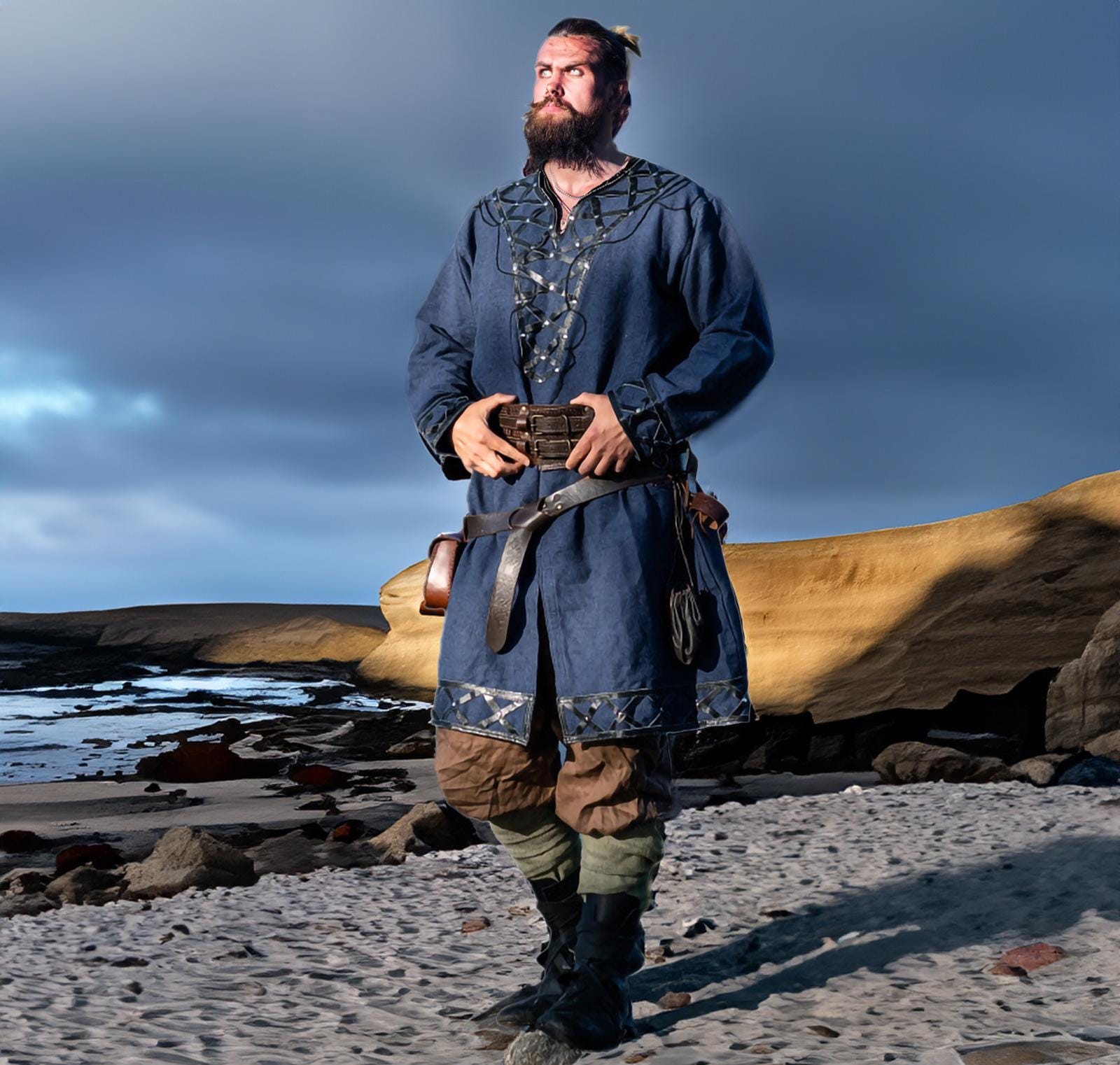 Viking T-Shirt - Green Viking tunic with leather details, Viking tunic for reenactment, LARP, and