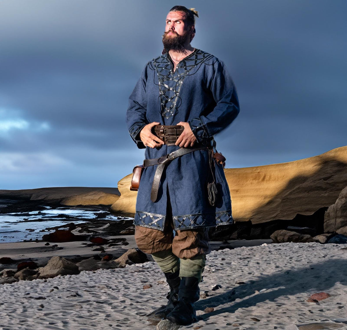 Viking T-Shirt - Green Viking tunic with leather details, Viking tunic for reenactment, LARP, and