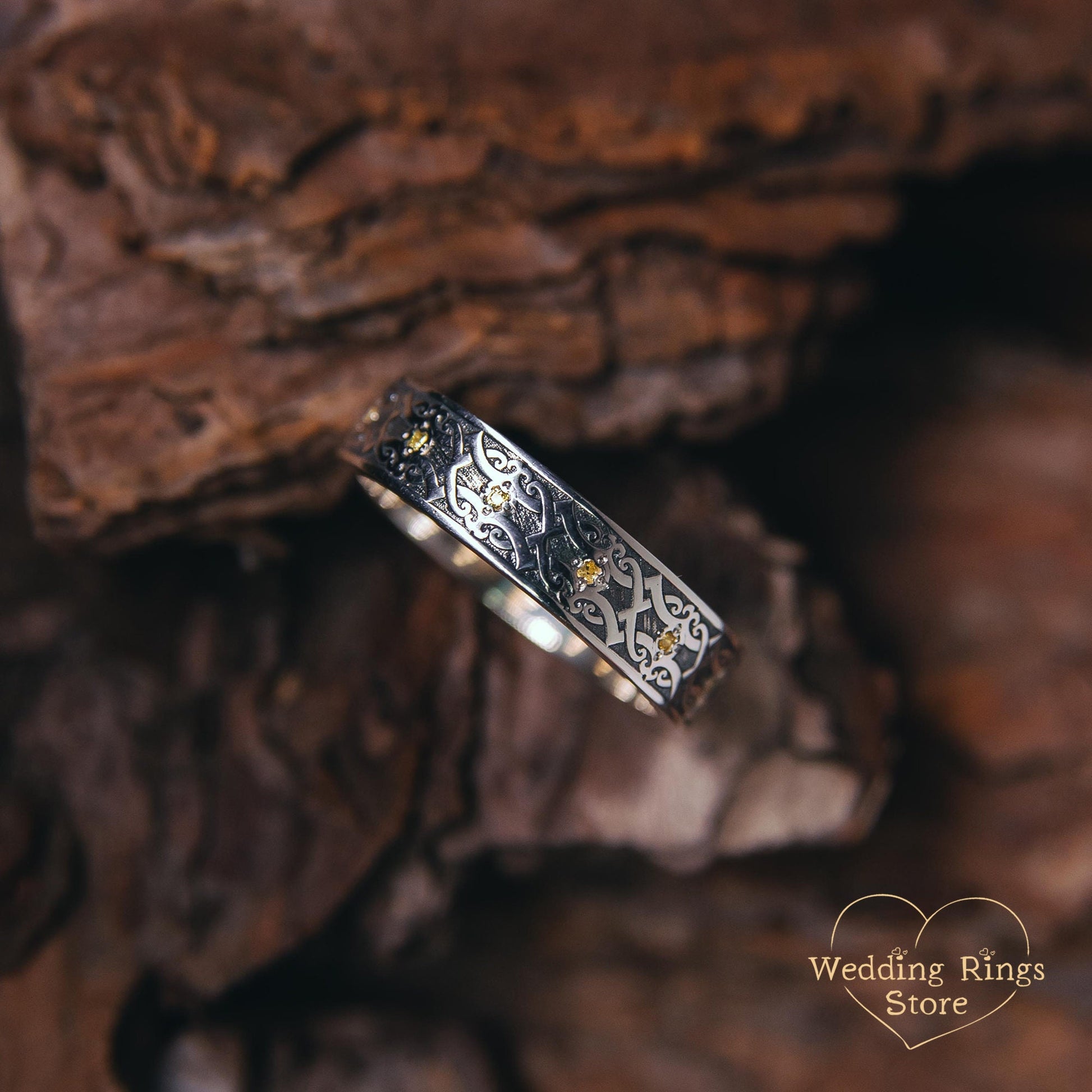 Viking Ring - Citrines in Silver Viking Wedding Band for Women & Men Custom Multi Gemstone Fantasy